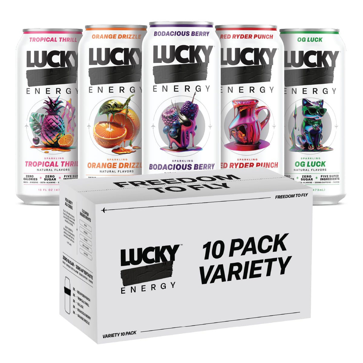 Lucky Energy pack frontal mostrando las 10 latas y conveniencia
