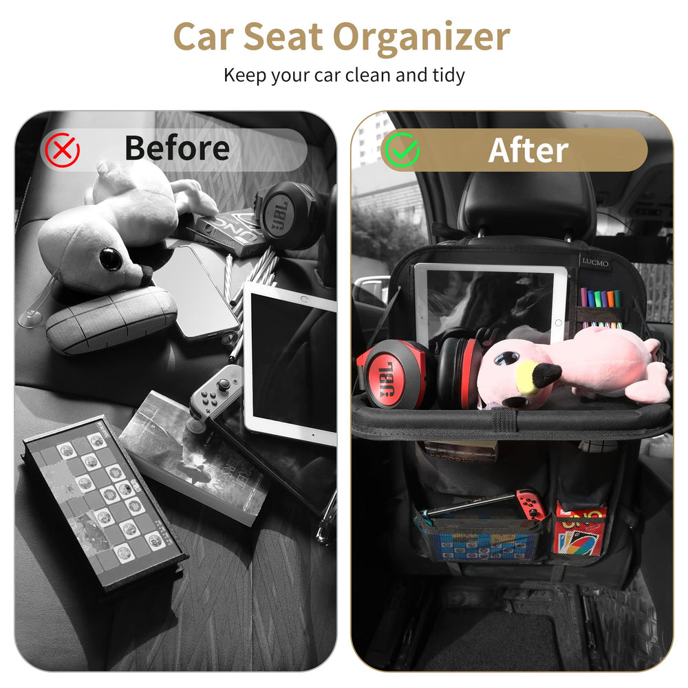 LUCMO foldable tray in use holding snacks and toys for passenger convenience
