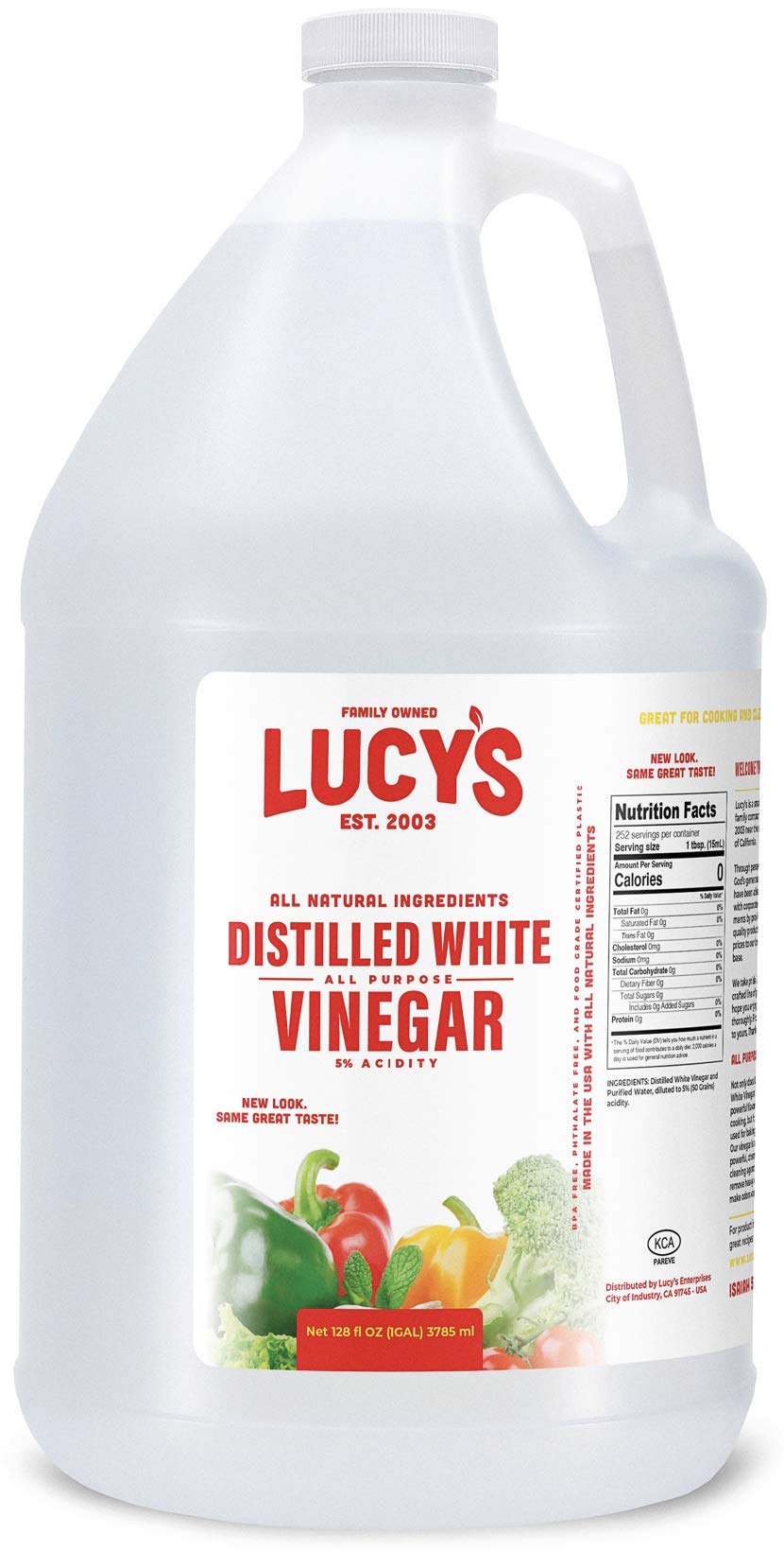Lucy's frente del envase de 1 galón mostrando la marca y volumen, práctico para ahorro
