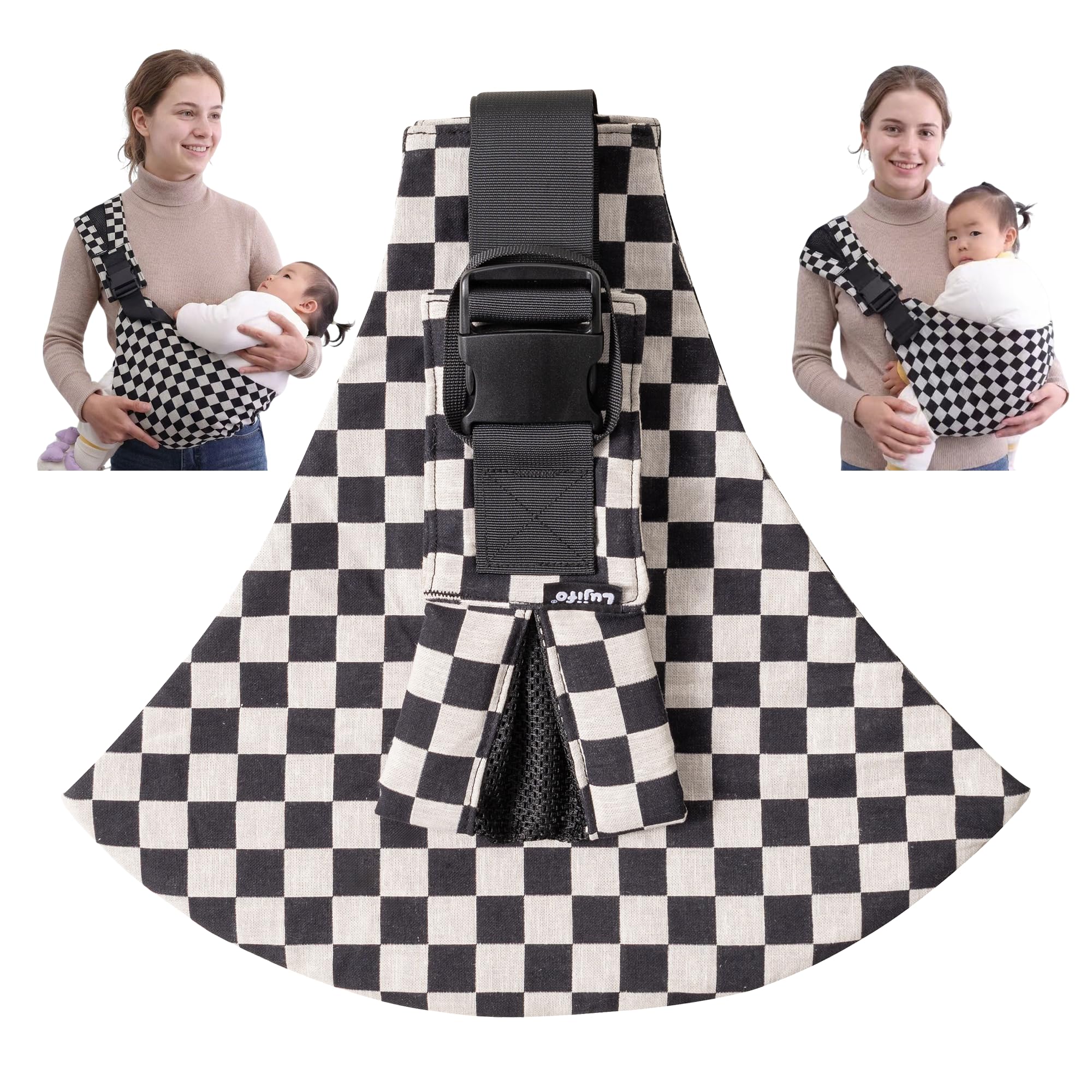Lujifo front view of ebony check sling highlighting sleek silhouette and fit