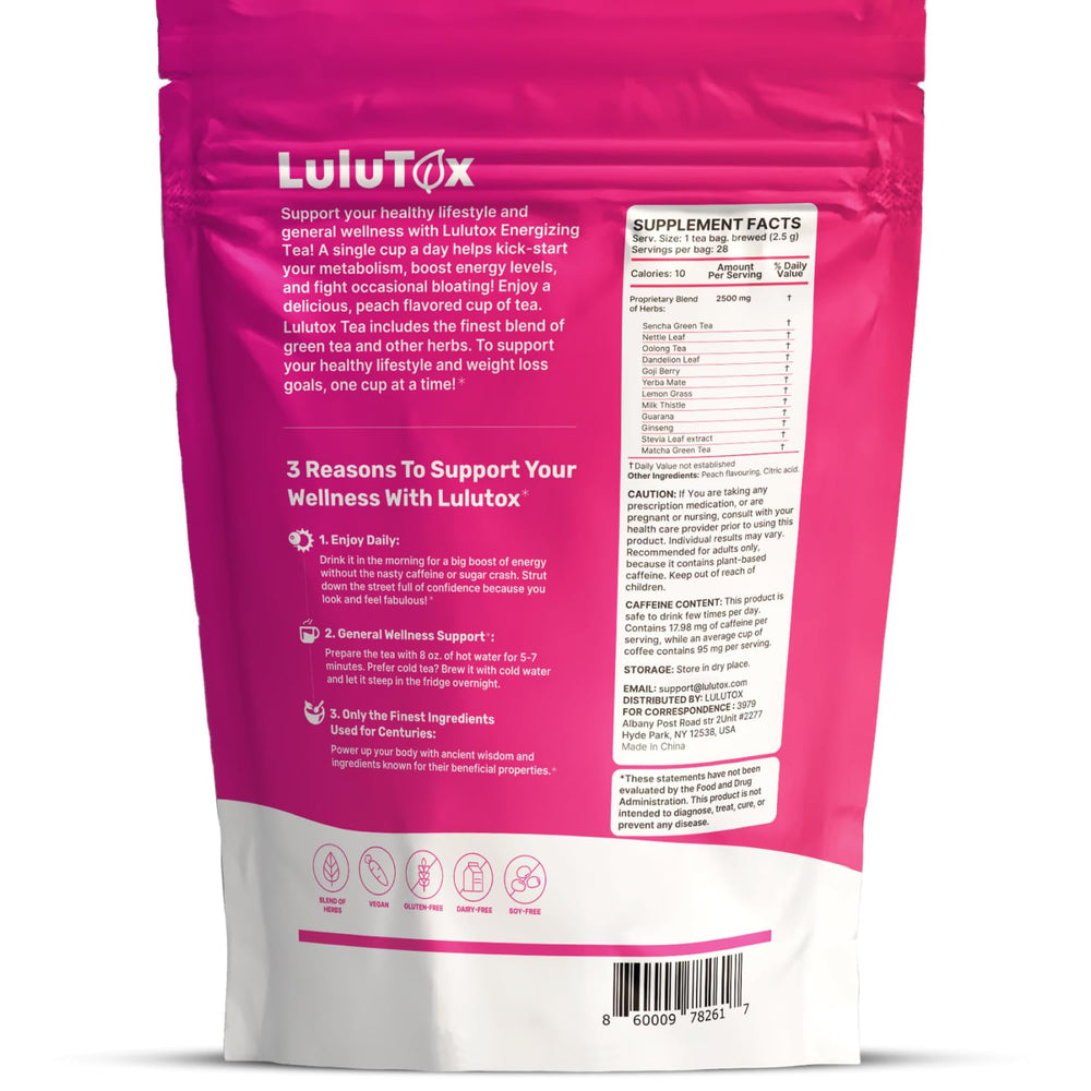 LULUTOX caja abierta con bolsitas, destaca conveniencia y 28 porciones