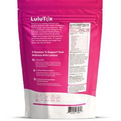 LULUTOX caja abierta con bolsitas, destaca conveniencia y 28 porciones