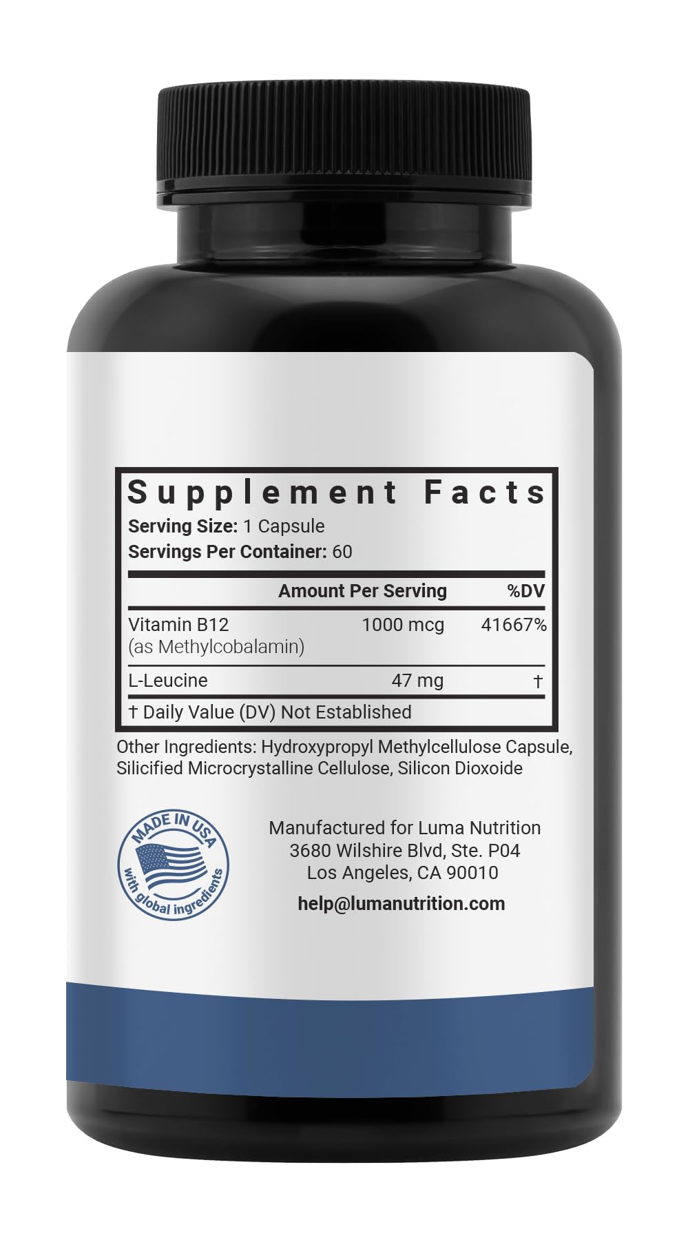 Etiqueta Luma Nutrition B12 con información de ingredientes y dosis para transparencia