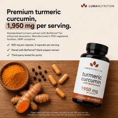 Luma Nutrition etiqueta con información de curcuminoides y BioPerine visible