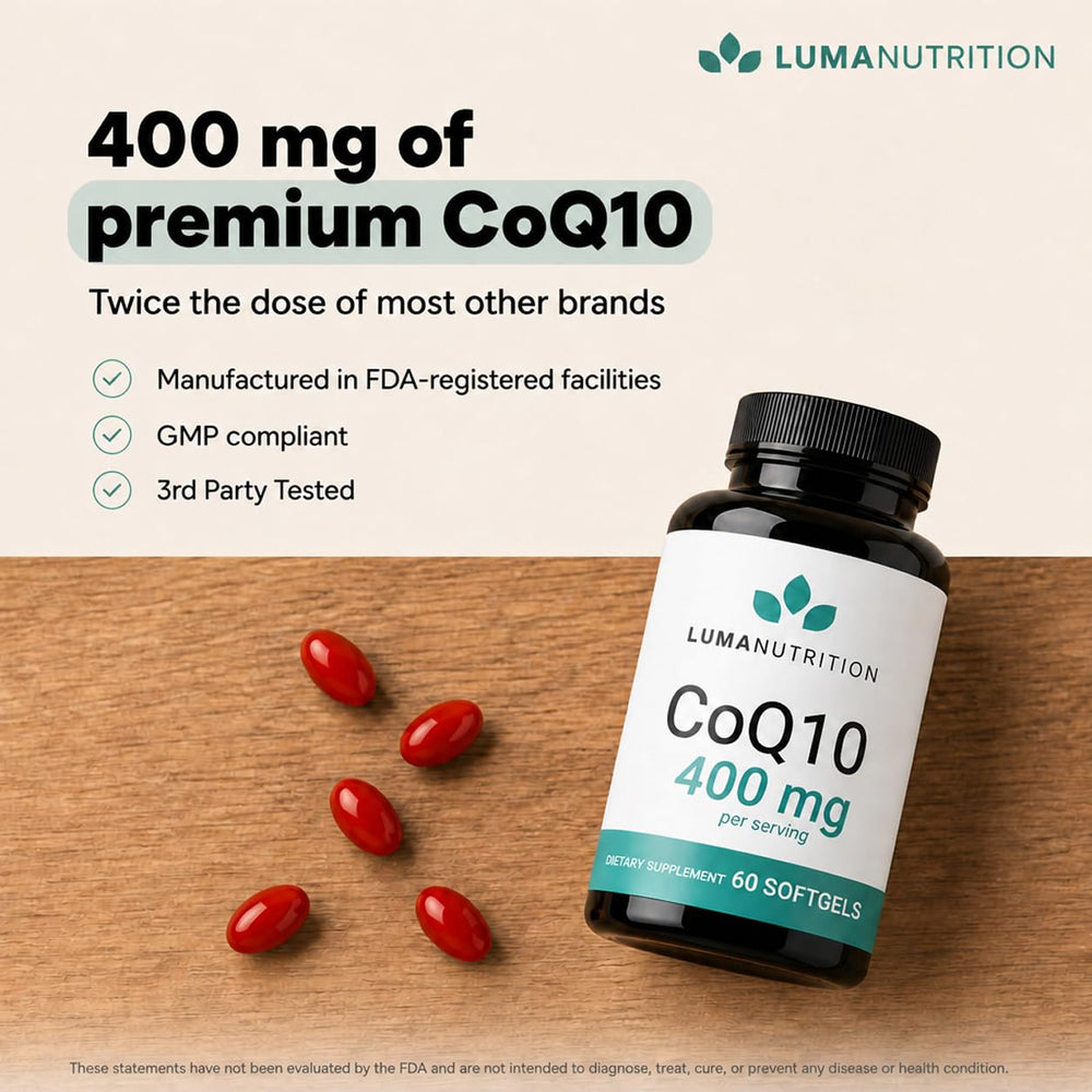 Luma Nutrition softgel cut open revealing liquid CoQ10 oil for improved dispersion and uptake