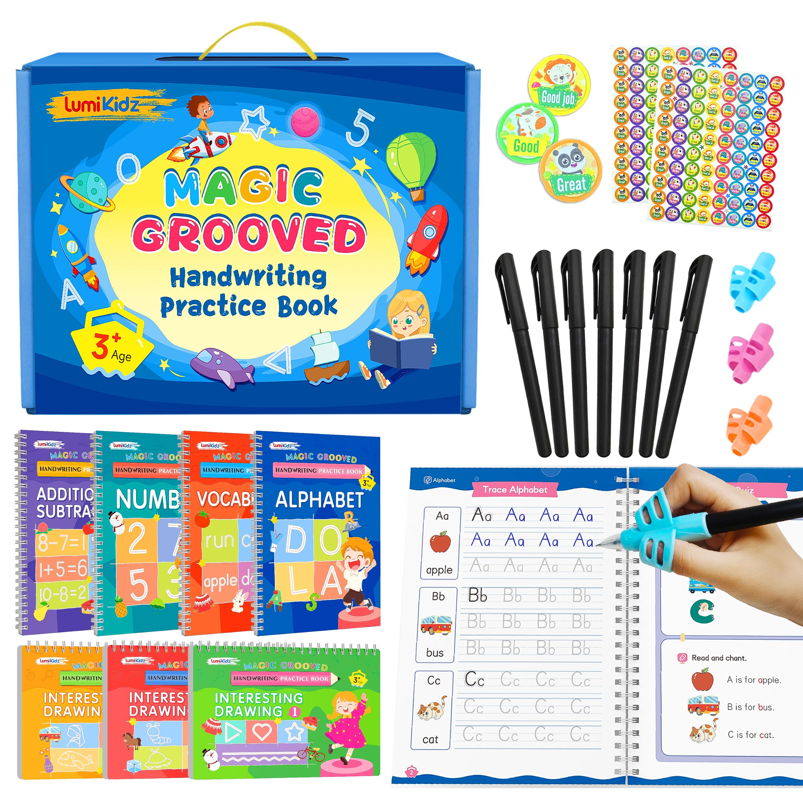 Lumikidz set completo mostrando cuadernos y accesorios para aprendizaje reutilizable