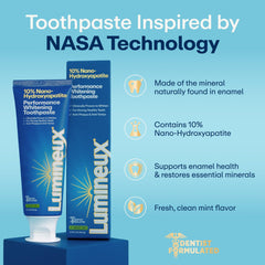 Lumineux envase lateral con etiqueta legible que resalta 10% nano-hidroxiapatita y beneficios