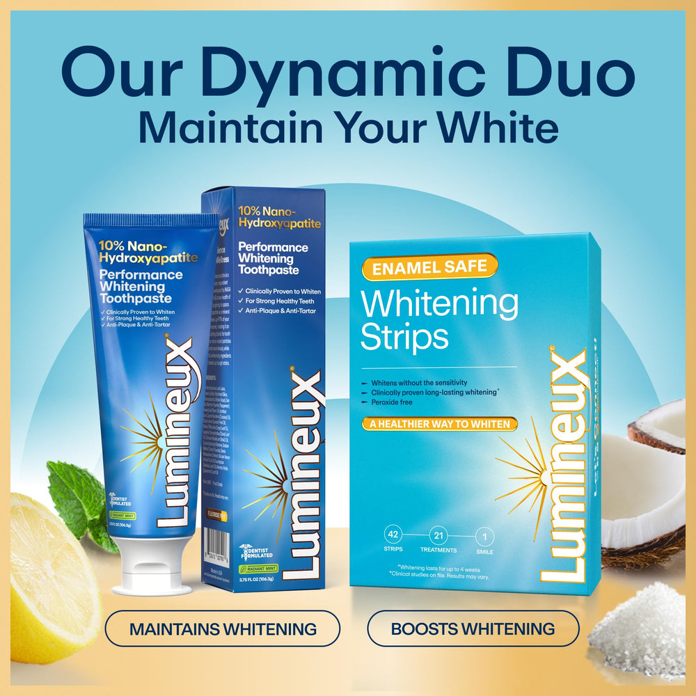 Lumineux toothpaste tube close-up highlighting 10% nHA formula benefit