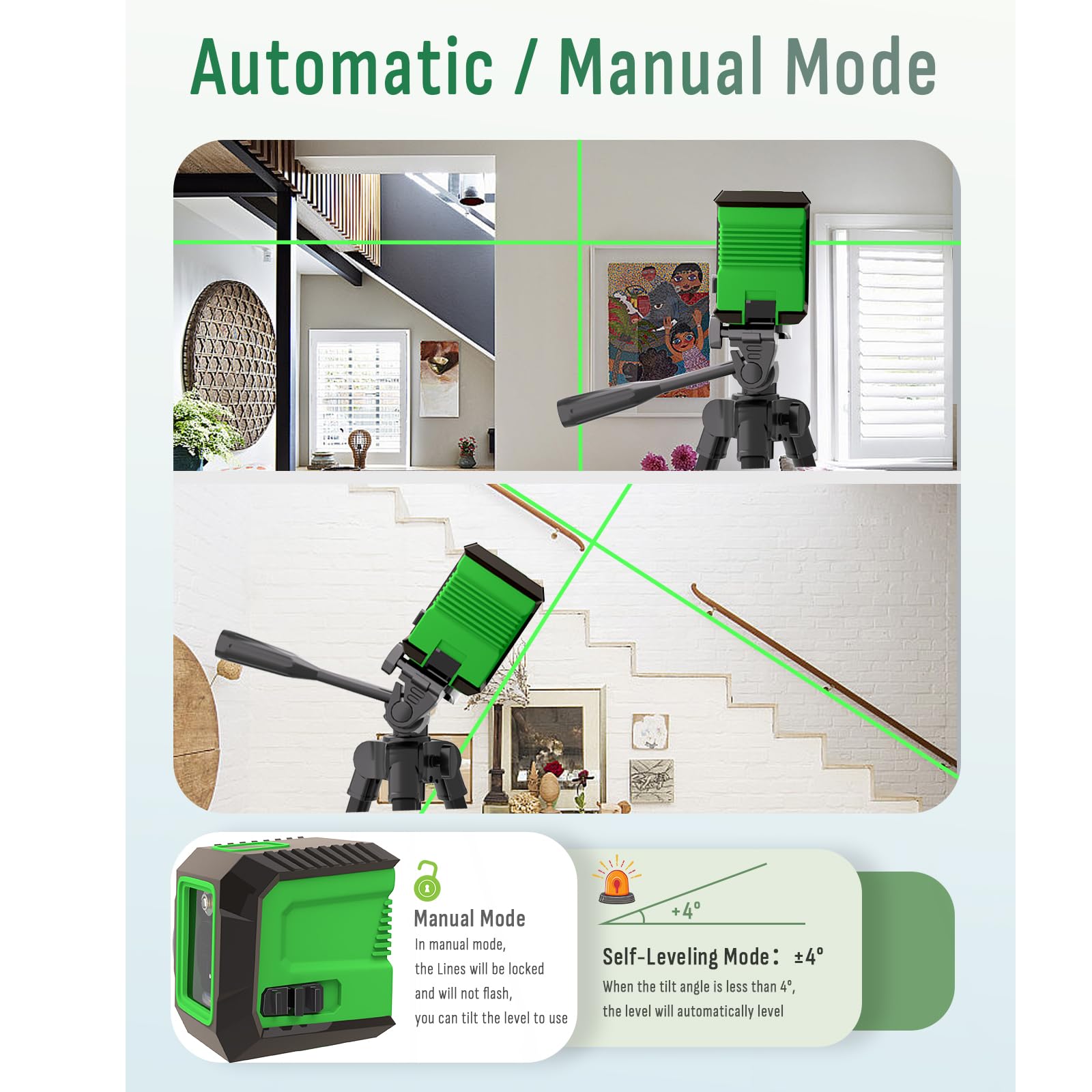 Lusweimi haz láser verde visible sobre pared, mejor visibilidad en interiores