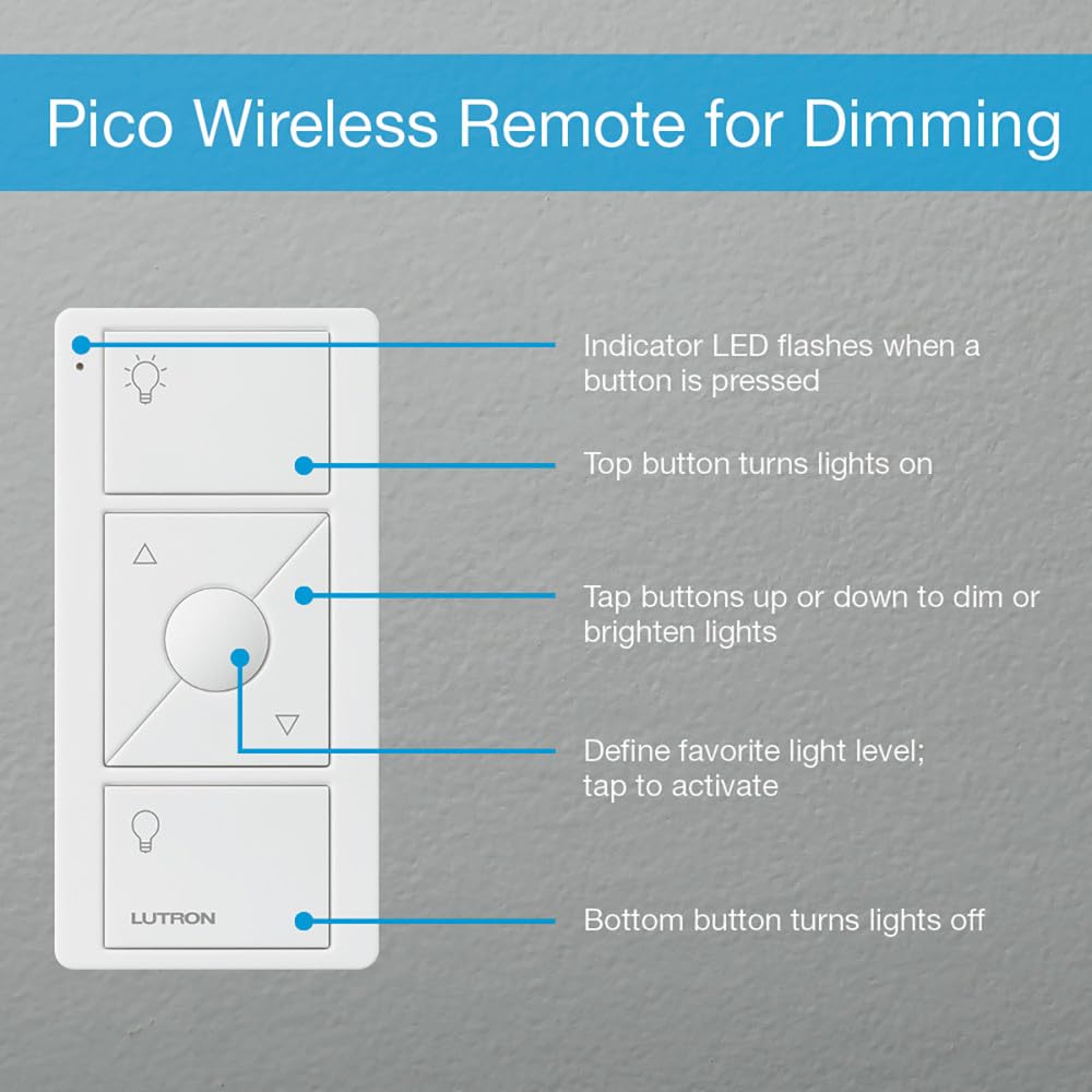 Lutron Pico etiqueta de batería incluida indicando larga duración y menor mantenimiento