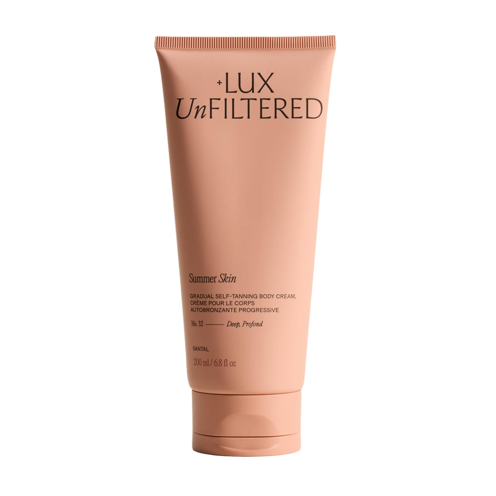 Lux Unfiltered frasco frontal N°32 Santal mostrando etiqueta y tono