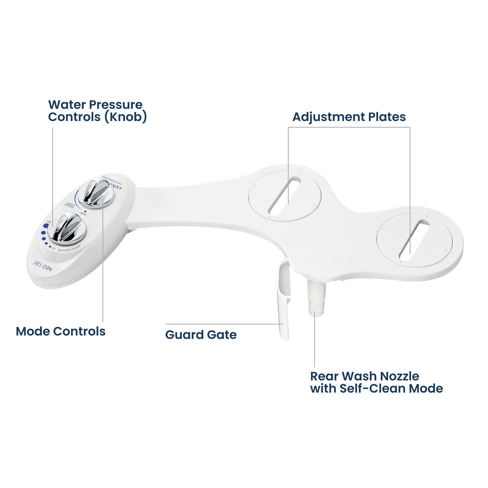 LUXE Bidet NEO 120 etiqueta mostrando materiales metal-cerámicos duraderos