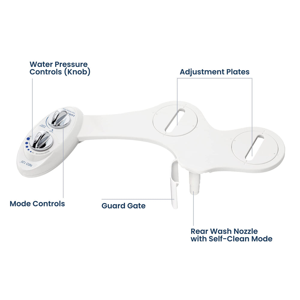 LUXE Bidet NEO 120 etiqueta mostrando materiales metal-cerámicos duraderos