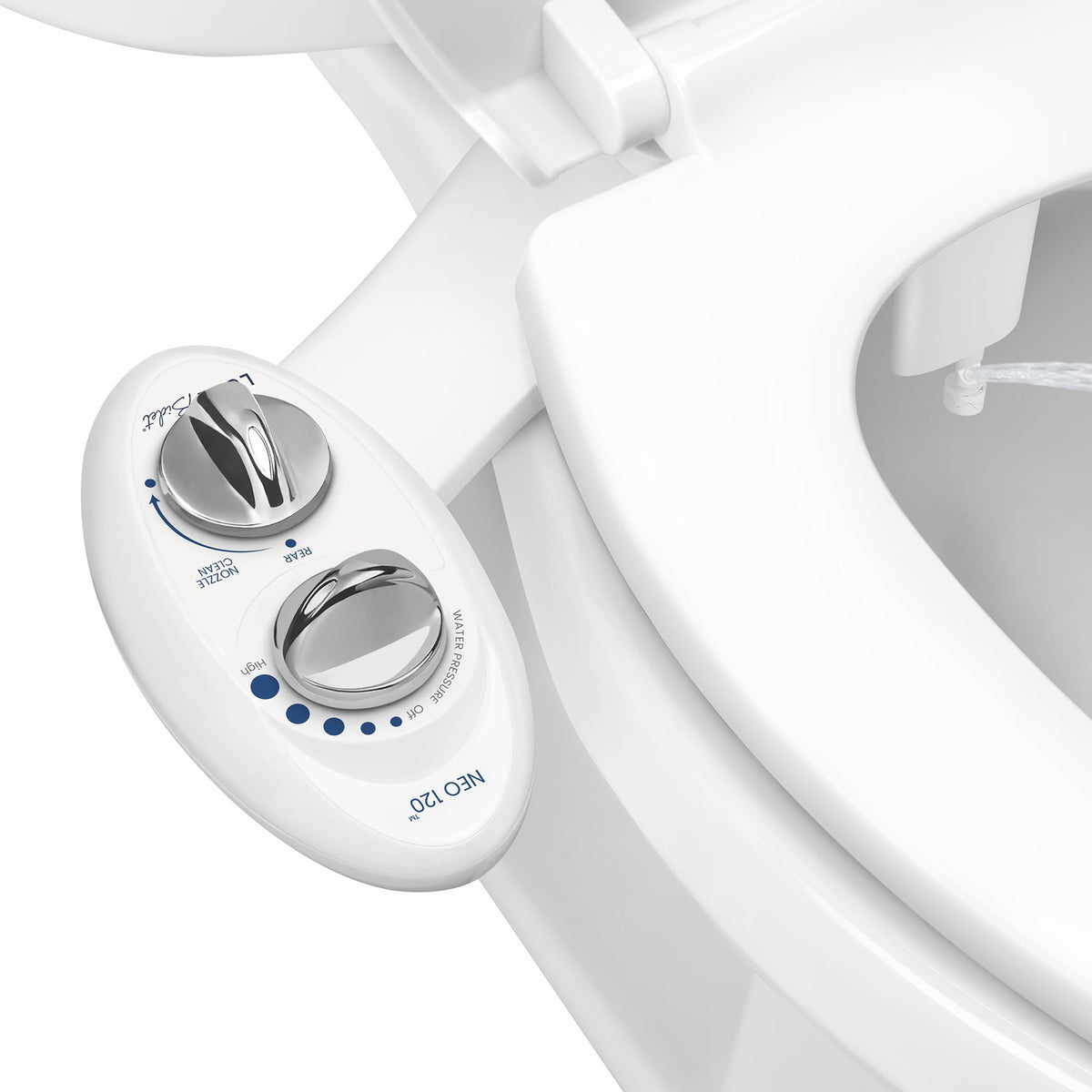 LUXE Bidet NEO 120 frontal mostrando diseño discreto y mejora estética