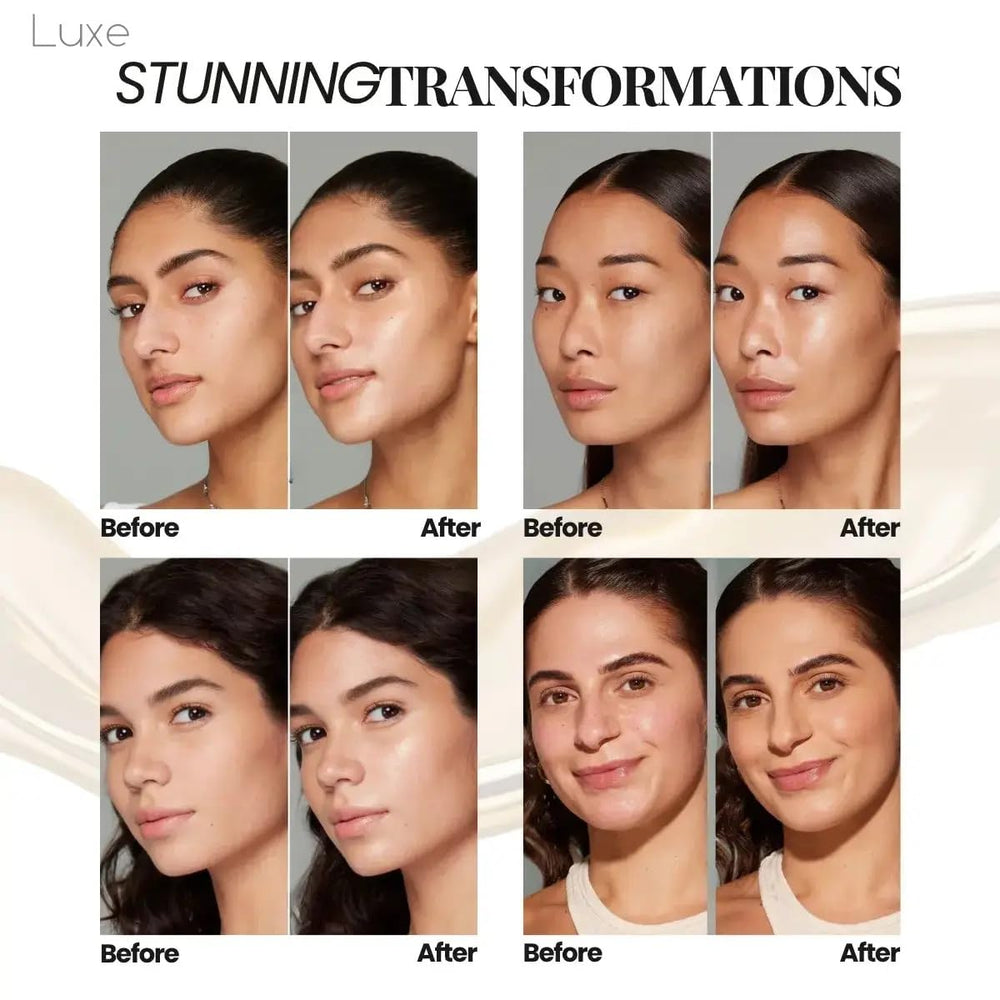 LUXE comparación rostro antes y después mostrando poros menos visibles