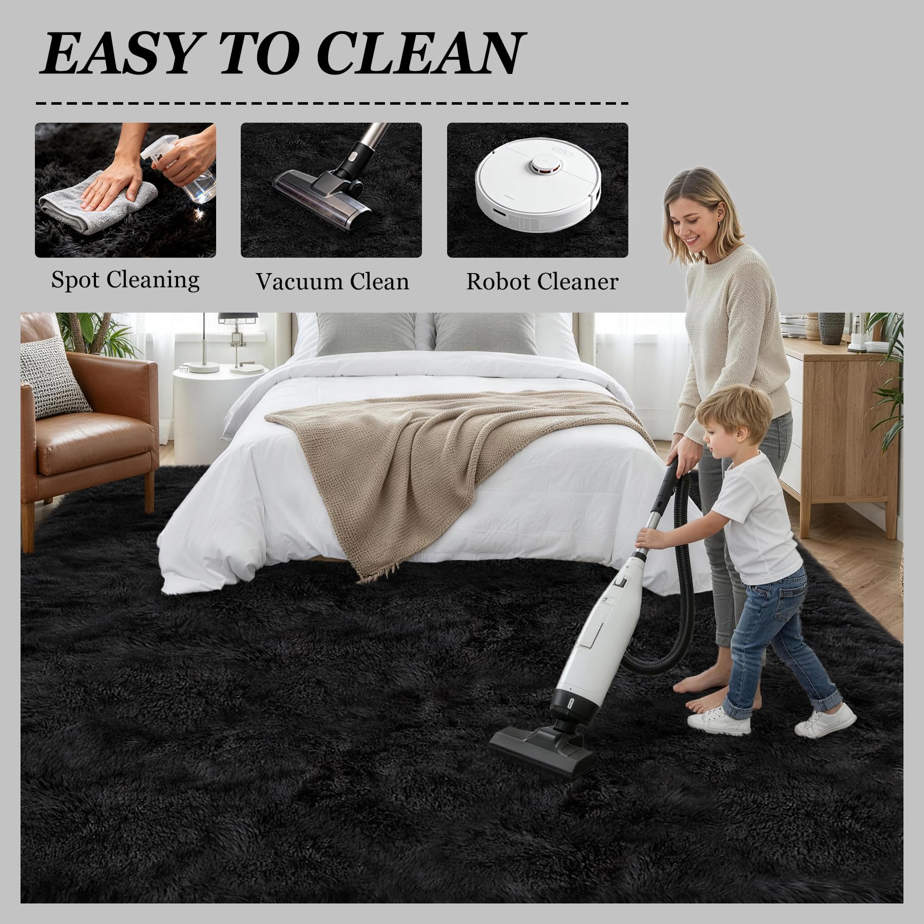 Luxturiy niños y mascota en alfombra, superficie cómoda y segura