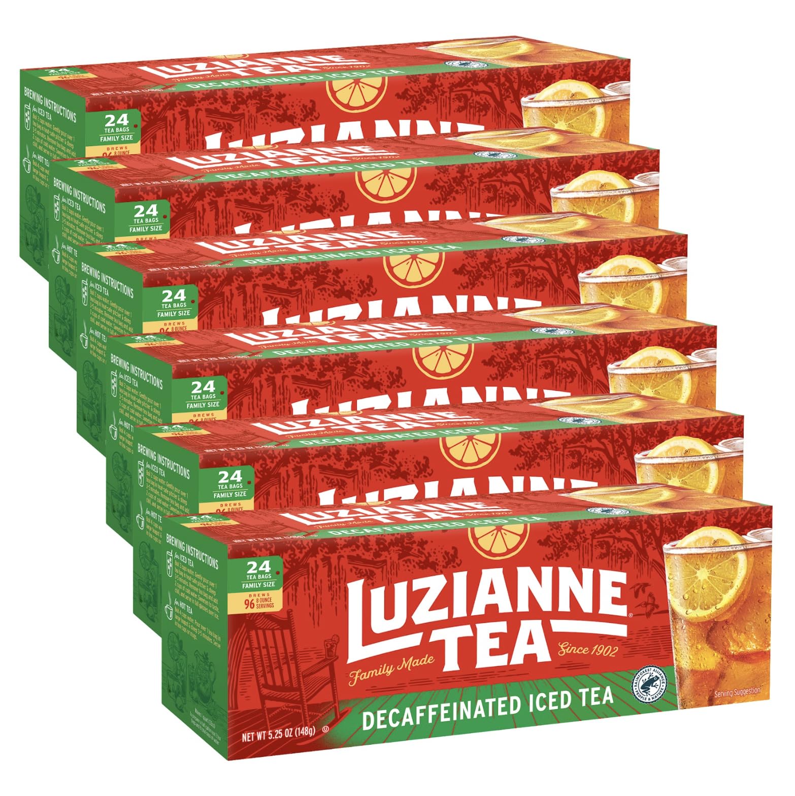 Luzianne frente del empaque mostrando 24 bolsas y beneficios de sabor