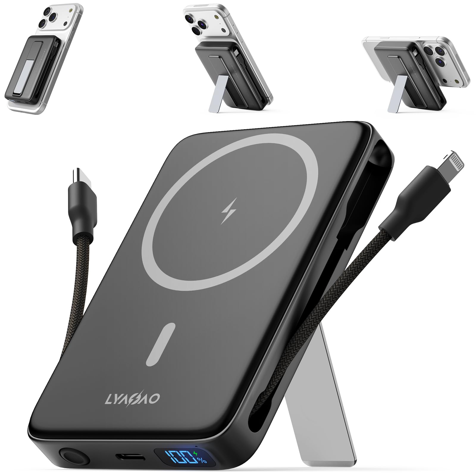 LYAOAO front view of power bank showing slim profile and ports, ideal portability