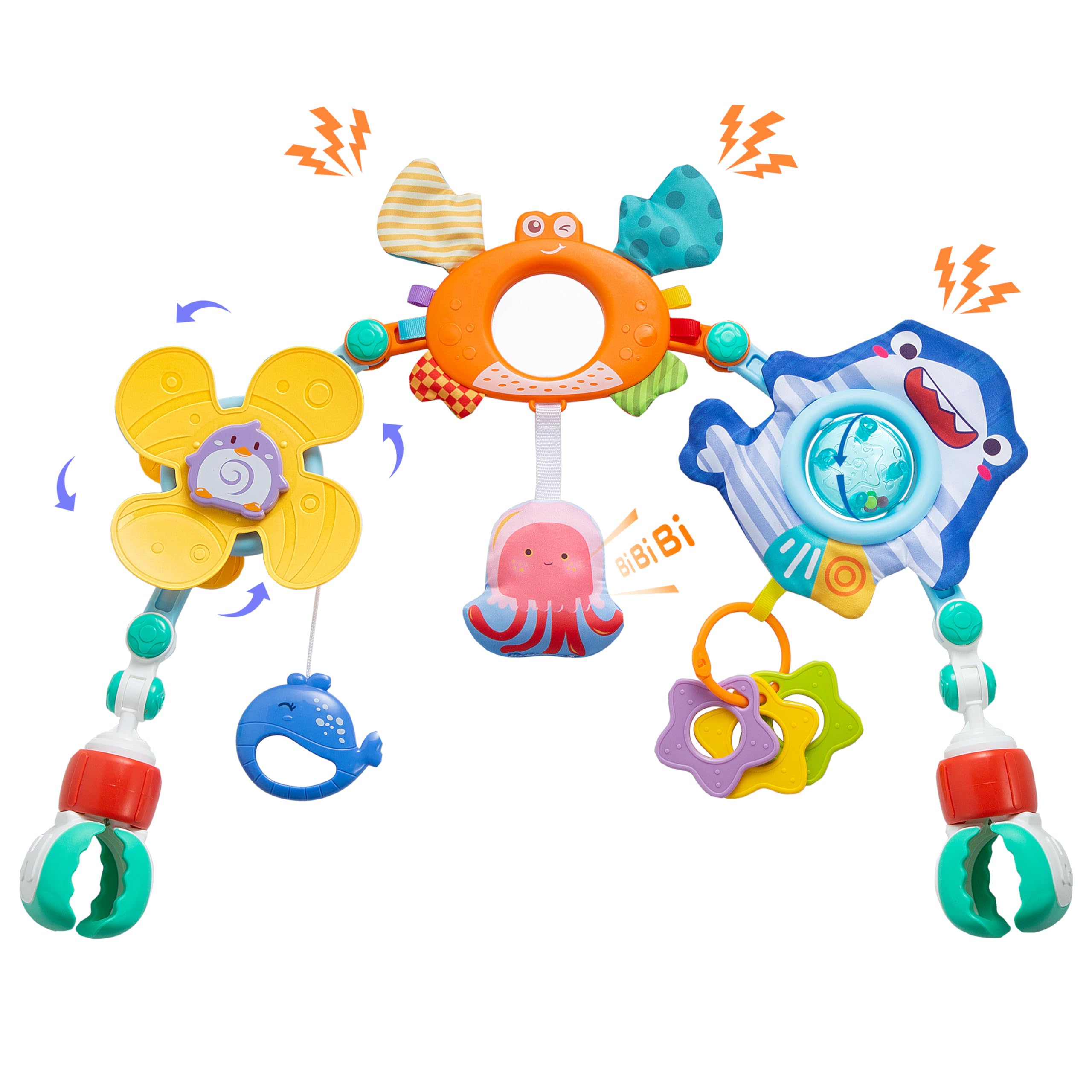 Lynncare arch front view clipped to stroller showing secure fit and bright toys