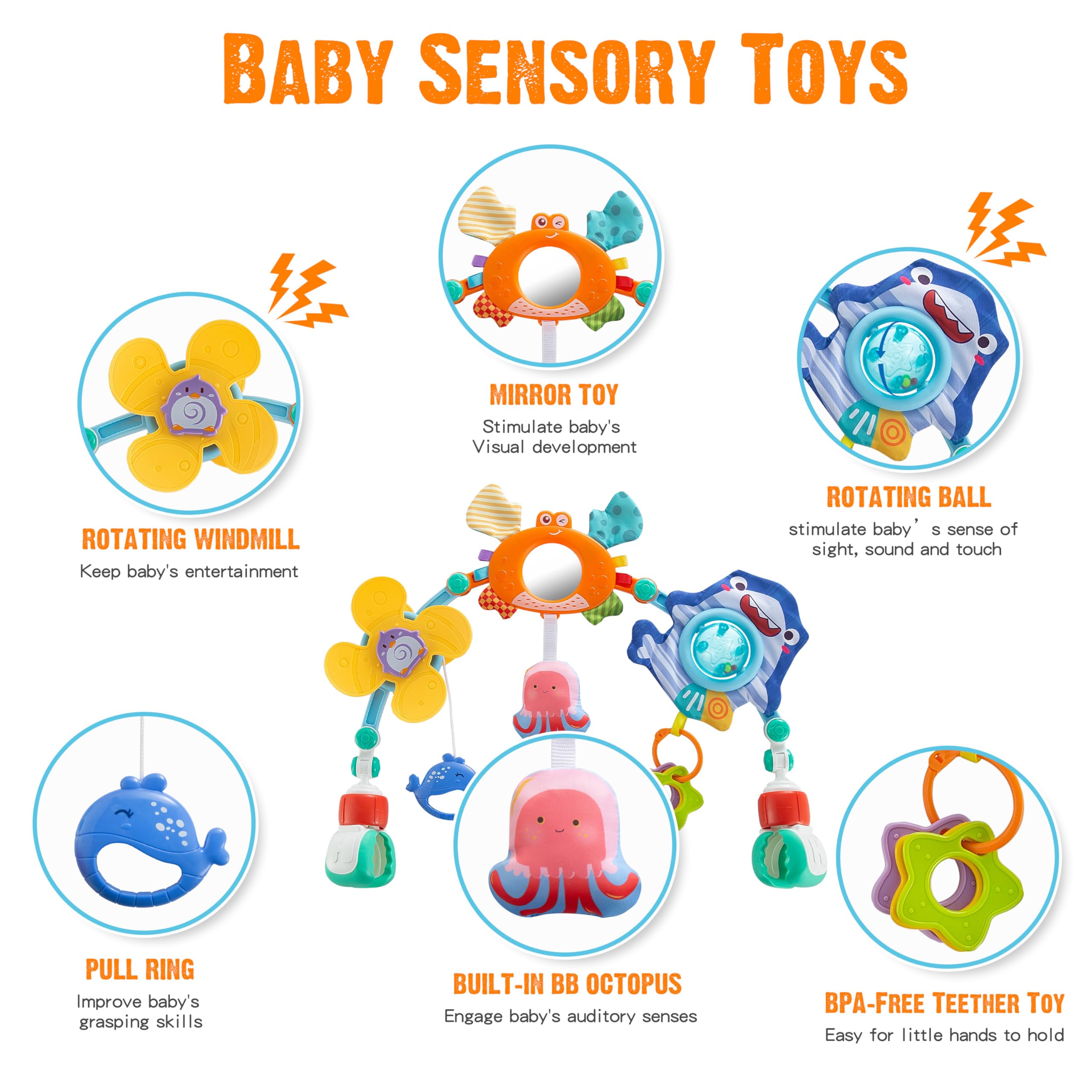 Lynncare close-up of detachable toys displaying textures and sensory variety