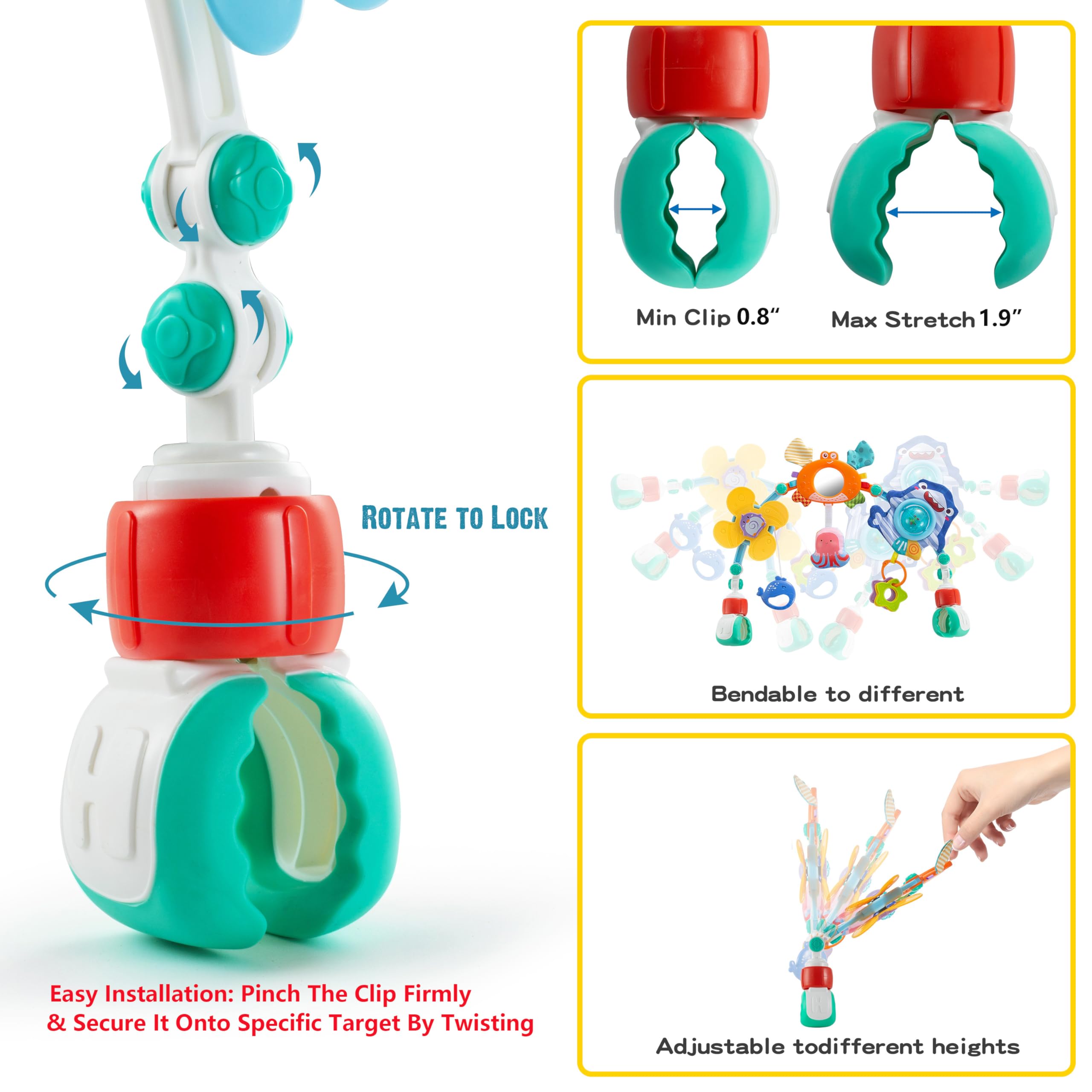 Lynncare arch mounted on car seat handle demonstrating travel-ready entertainment