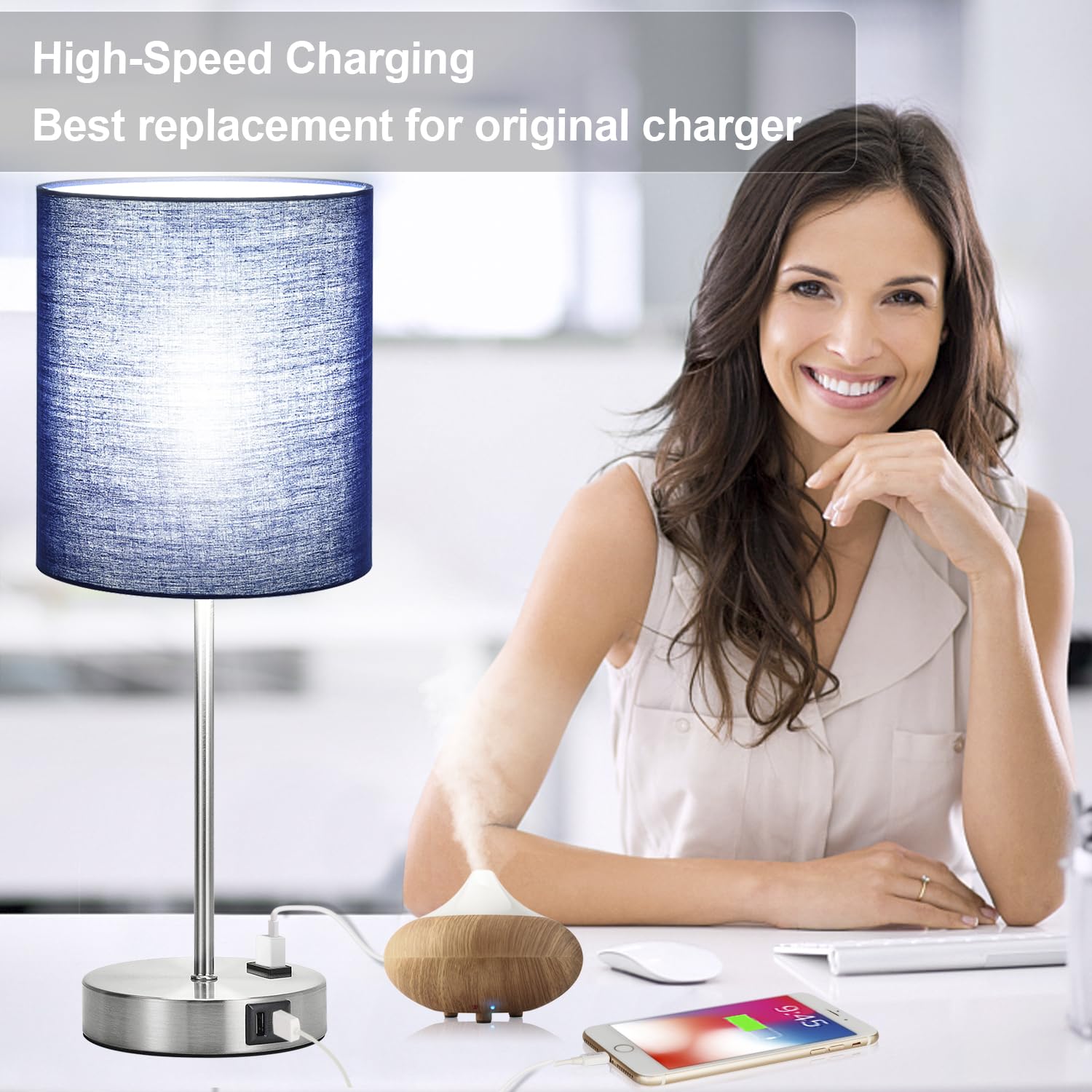 Lynnoland styled bedroom scene showing lamps adding task light and tidy charging