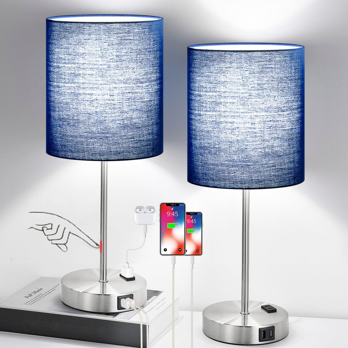 Lynnoland front view pair of lamps on nightstand showing cohesive style and space-saving benefit
