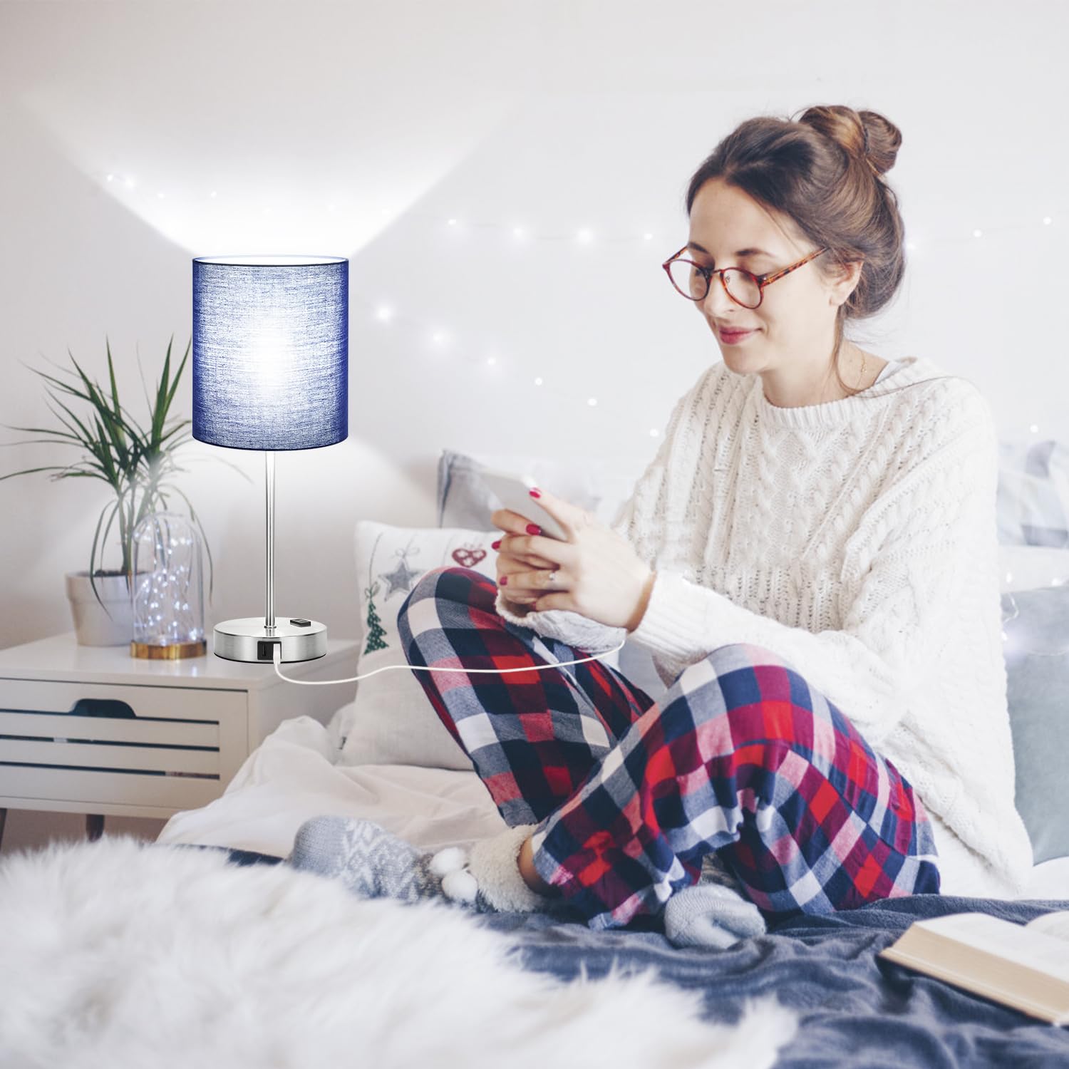 Lynnoland USB and AC outlet detail for bedside charging convenience