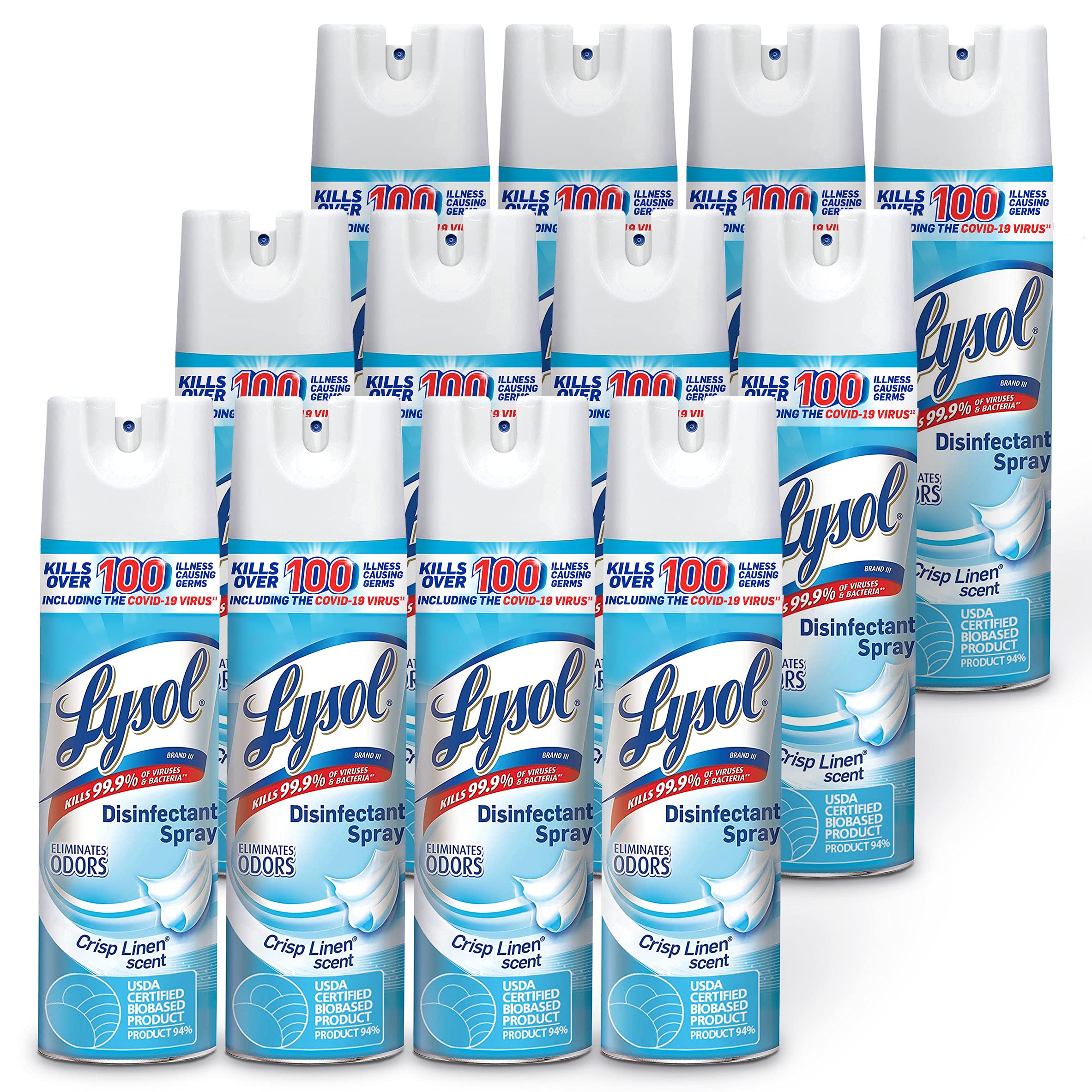 Lysol aerosol frontal pack 12 mostrando envases y beneficio de desinfección