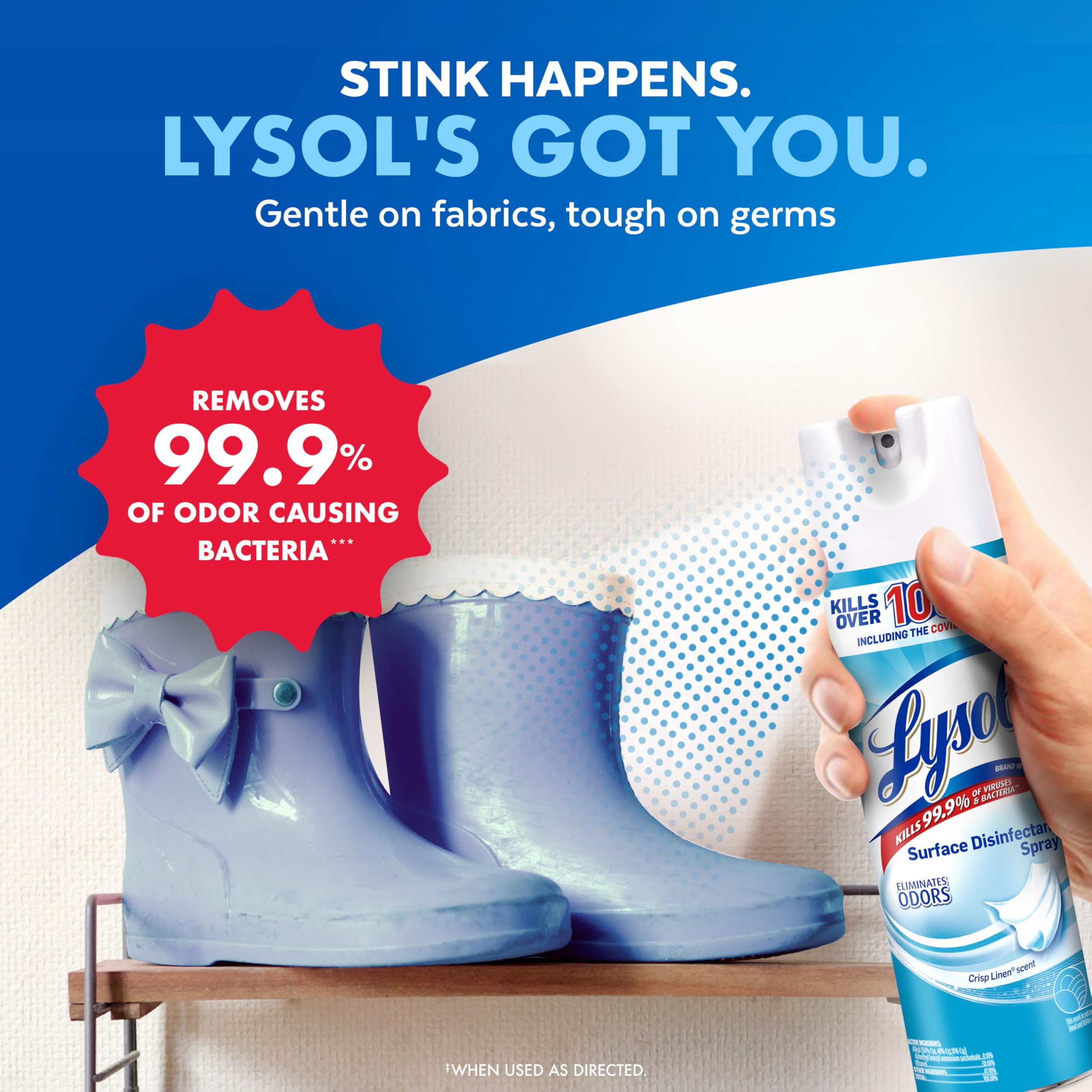 Lysol junto a mano para comparar tamaño y facilitar uso doméstico