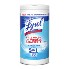 Lysol empaque frontal mostrando 80 toallitas y fragancia Crisp Linen, limpieza rápida