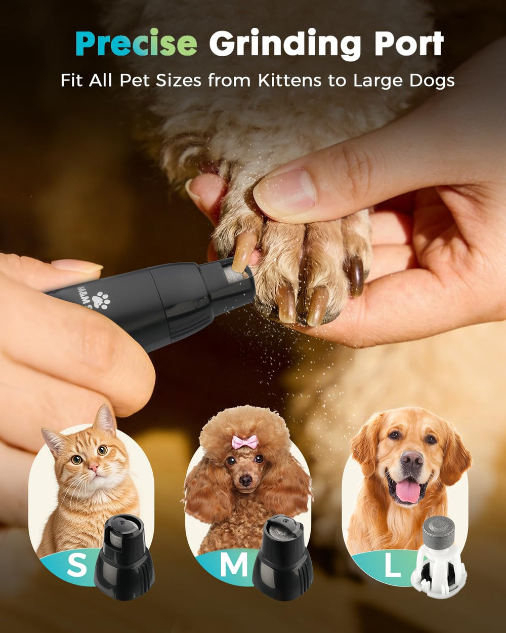 M&M STAR nail grinder shown smoothing pet nail safely and quietly