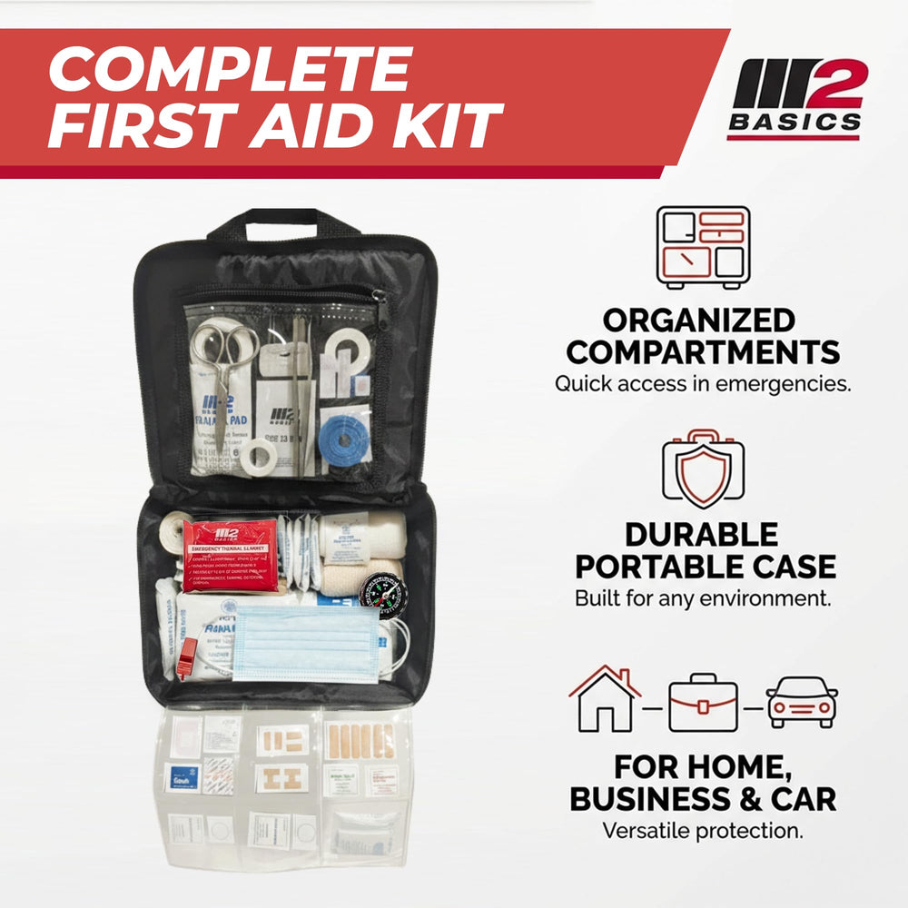 M2 BASICS kit inside a car glove box demonstrating compact size and roadside readiness
