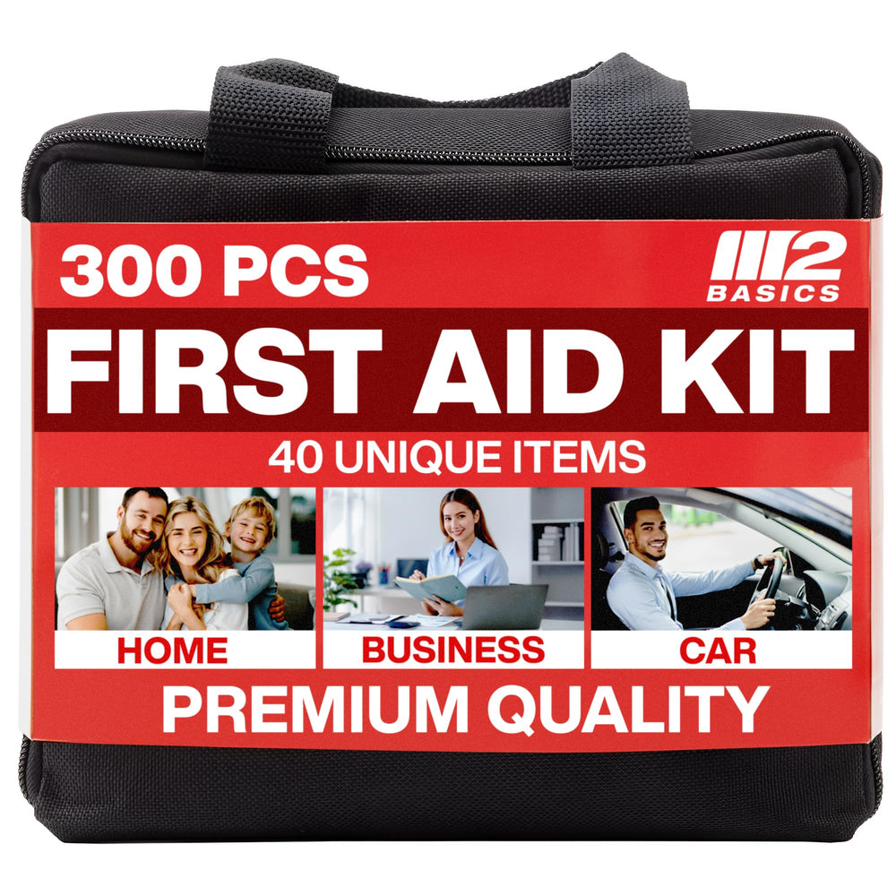 M2 BASICS front view of compact first aid kit showing durable bag and handle for easy transport