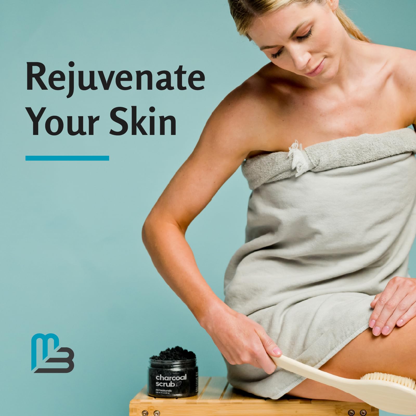 M3 Naturals applying scrub to elbow and knee for smoothing benefit