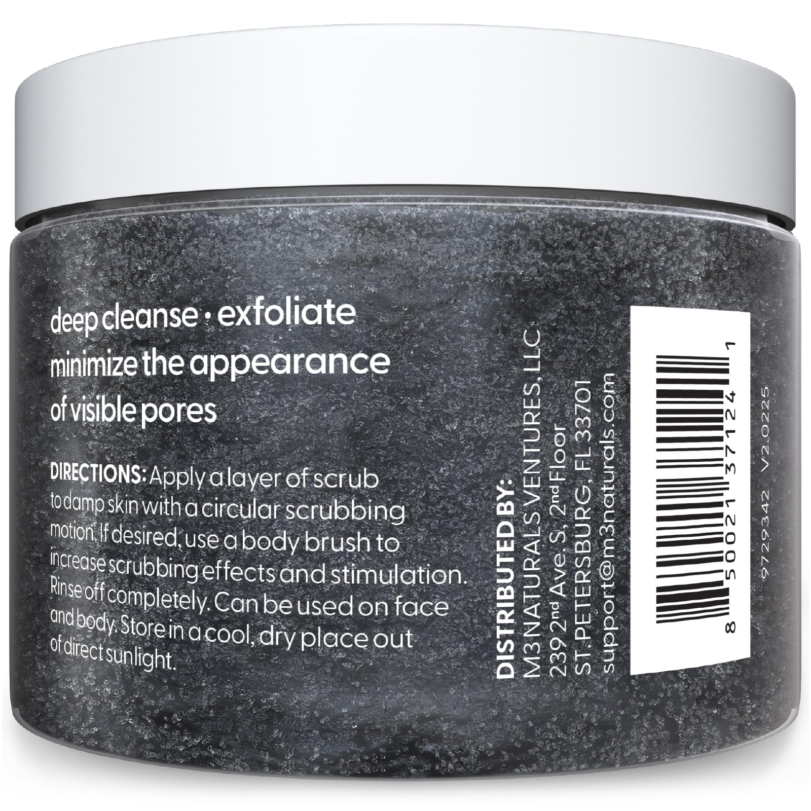 M3 Naturals charcoal scrub texture close-up showing exfoliating grains