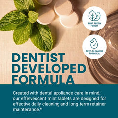 M3 Naturals tablet dissolving in a denture bath to remove buildup