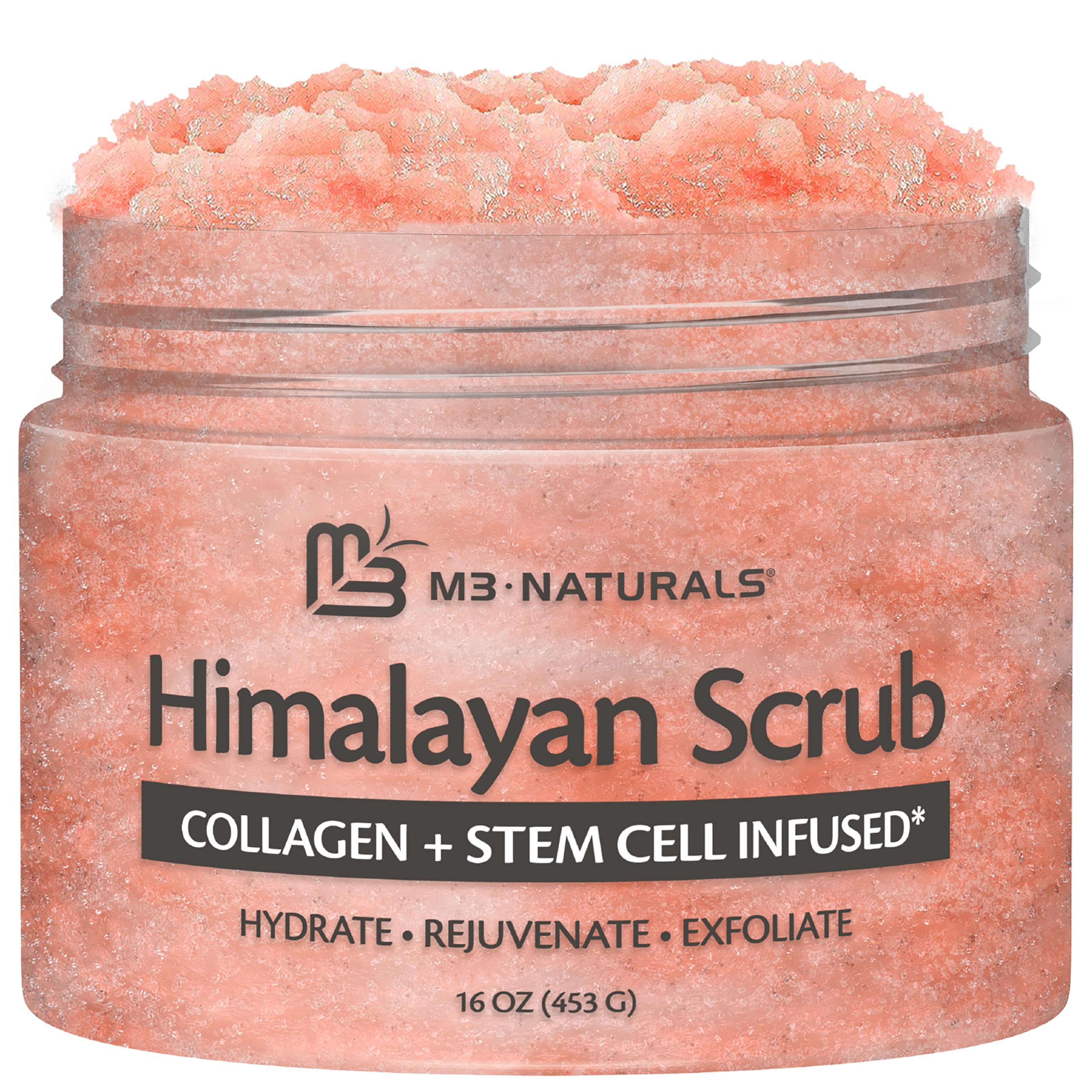 M3 Naturals envase frontal del exfoliante sal del Himalaya mostrando tamaño y etiqueta beneficiosa