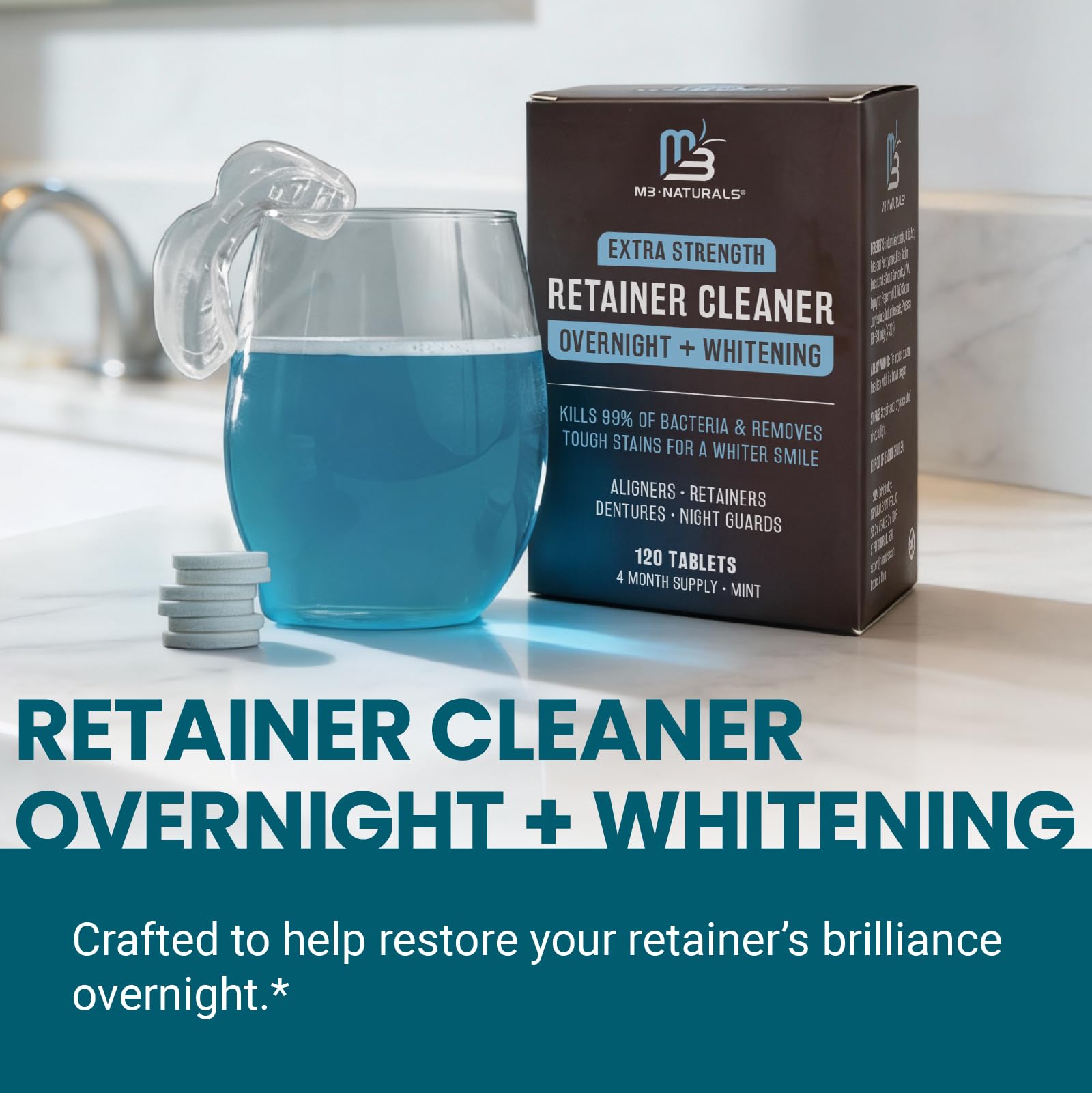 M3 Naturals tableta efervescente disolviéndose en agua para limpieza nocturna