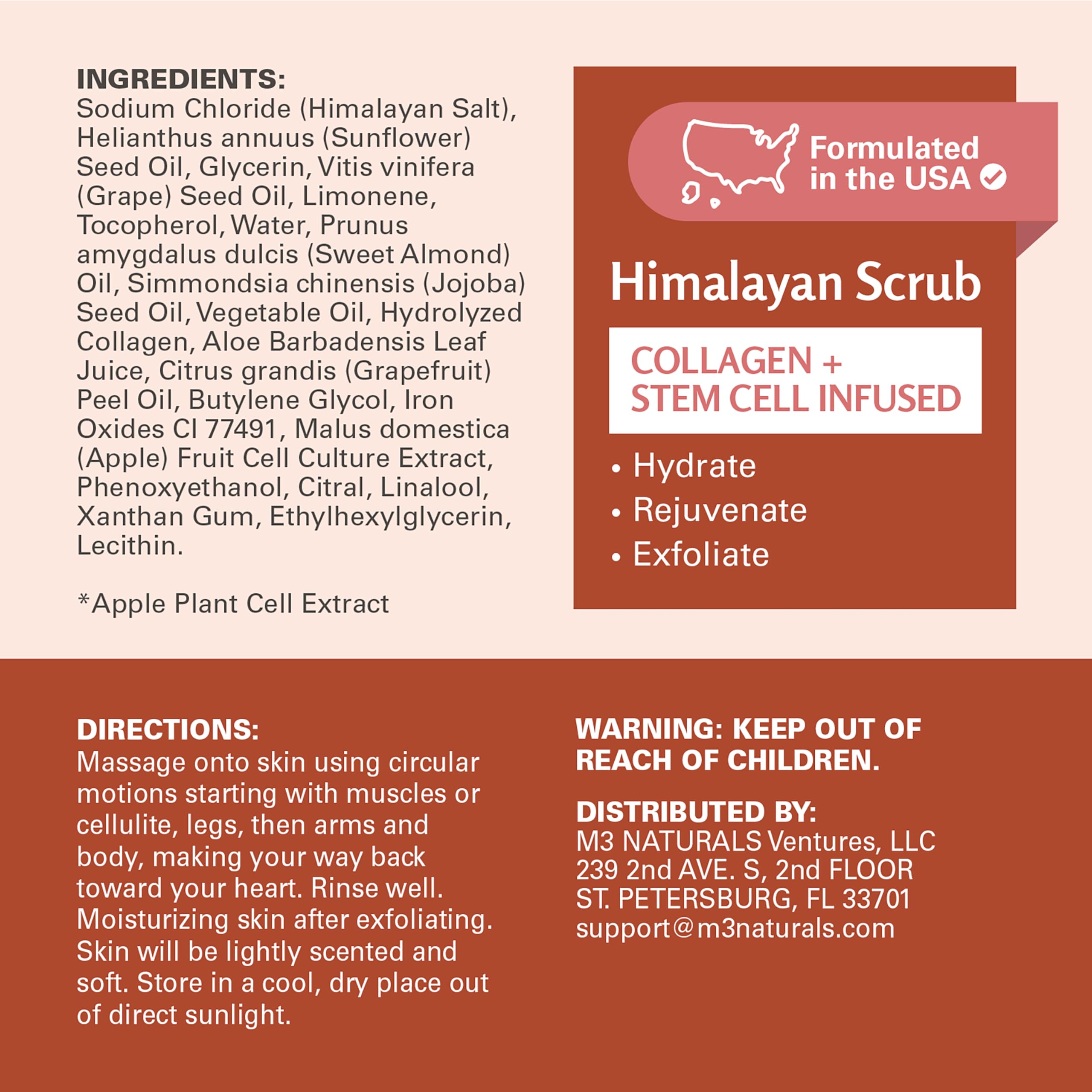 M3 Naturals primer plano de textura granulada de sal del Himalaya que suaviza e hidrata