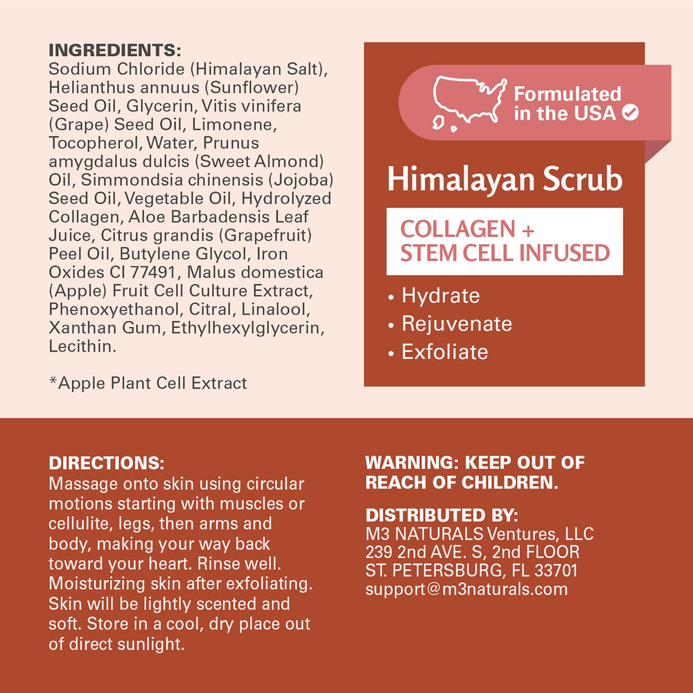 M3 Naturals primer plano de textura granulada de sal del Himalaya que suaviza e hidrata