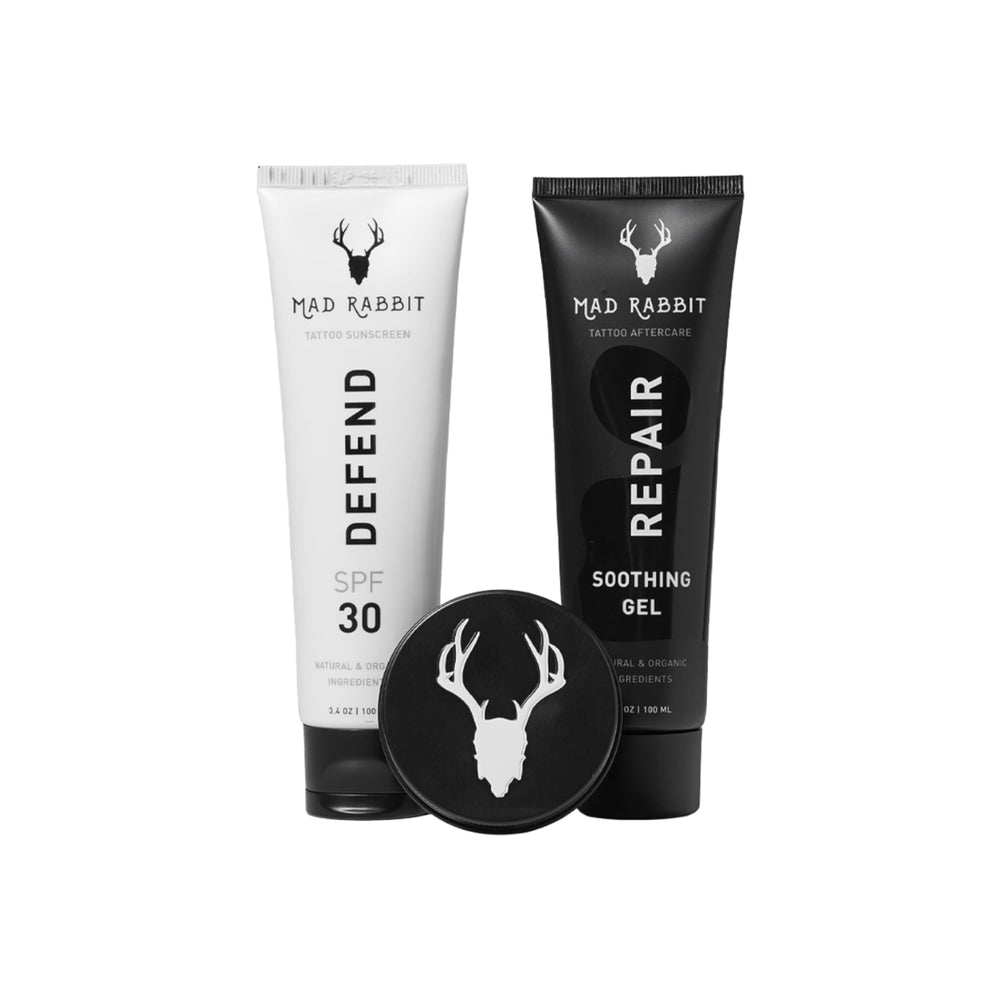 Mad Rabbit kit frontal mostrando los tres productos para cuidado de tatuajes