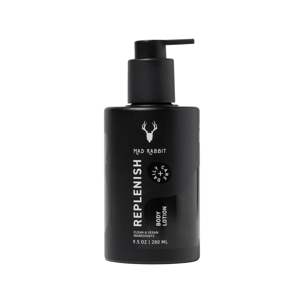 Mad Rabbit loción frontal del envase mostrando formato 9.5 oz y diseño