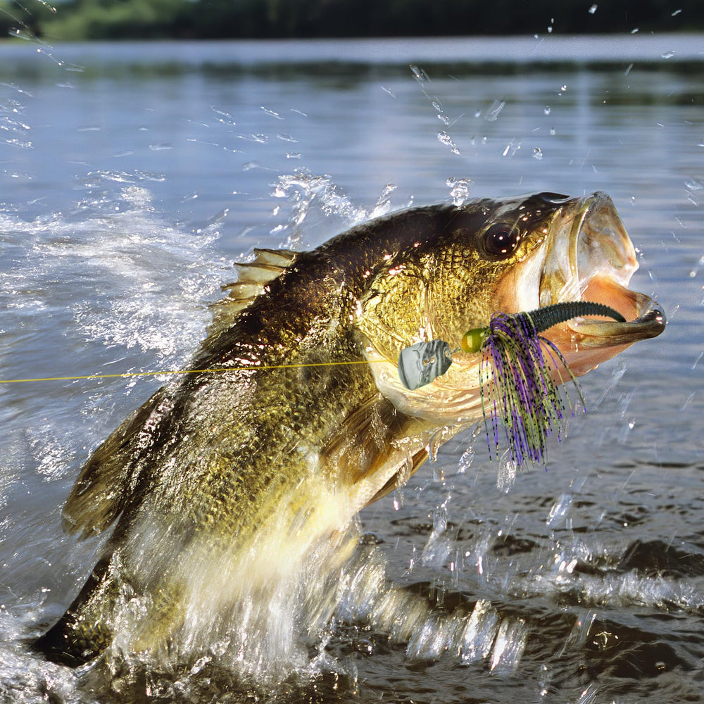 MadBite bladed-jig blade close-up showing vibrating action and flash to attract bass