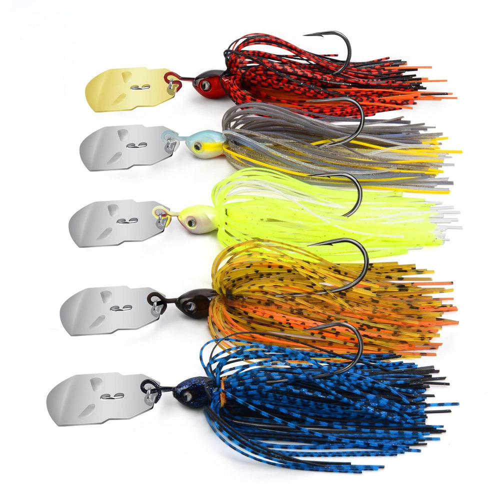 MadBite front packaging showing five 3/8oz bladed jigs and storage box, easy organization