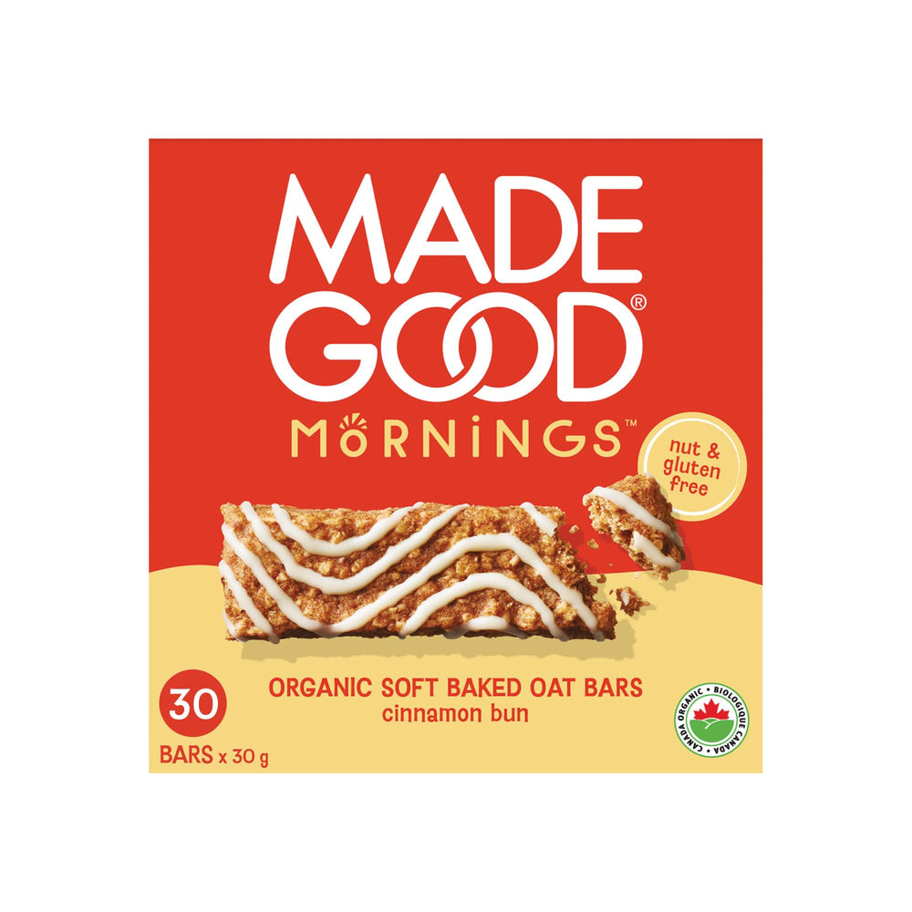 MadeGood empaque frontal del sabor Cinnamon Bun mostrando cantidad y certificaciones
