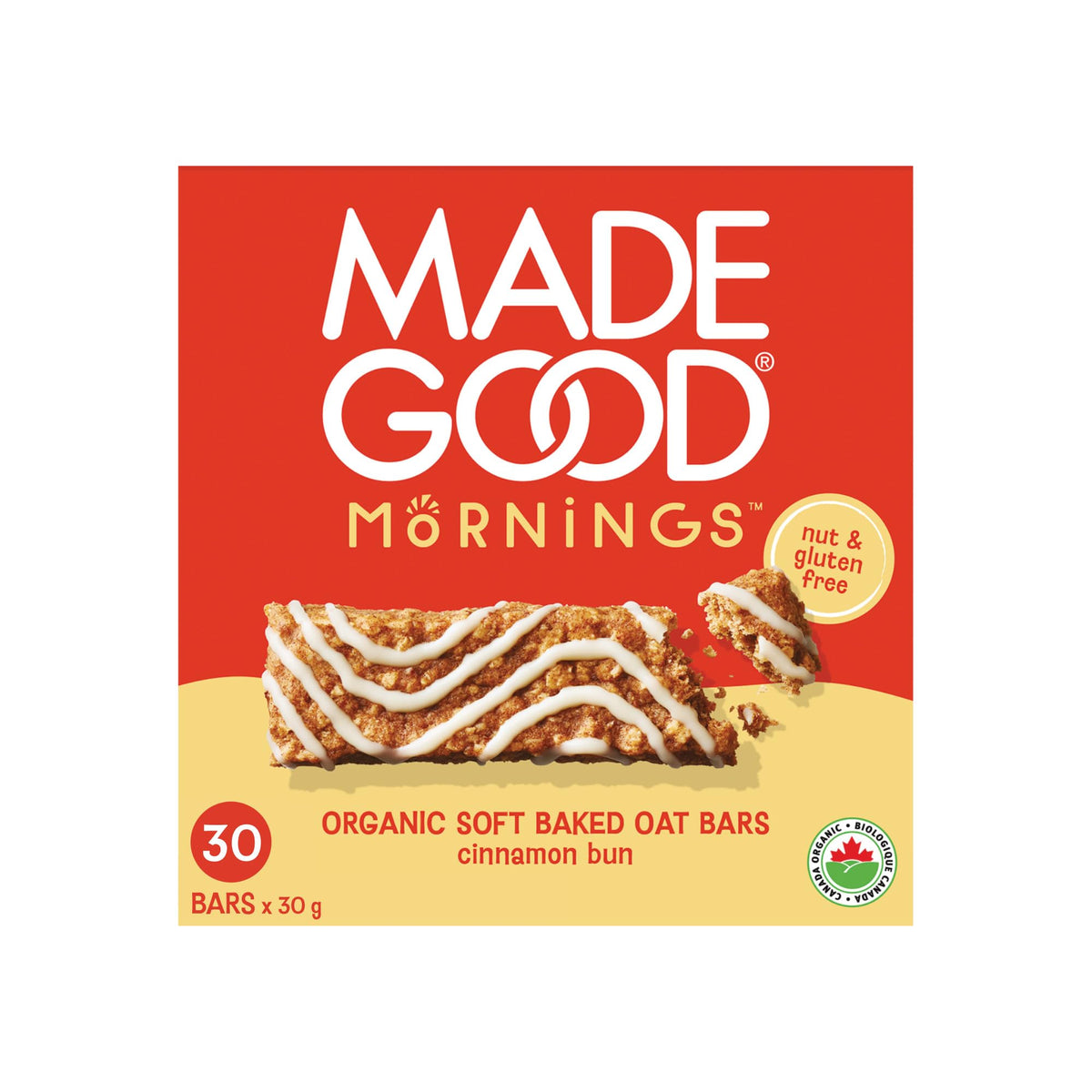 MadeGood empaque frontal del sabor Cinnamon Bun mostrando cantidad y certificaciones