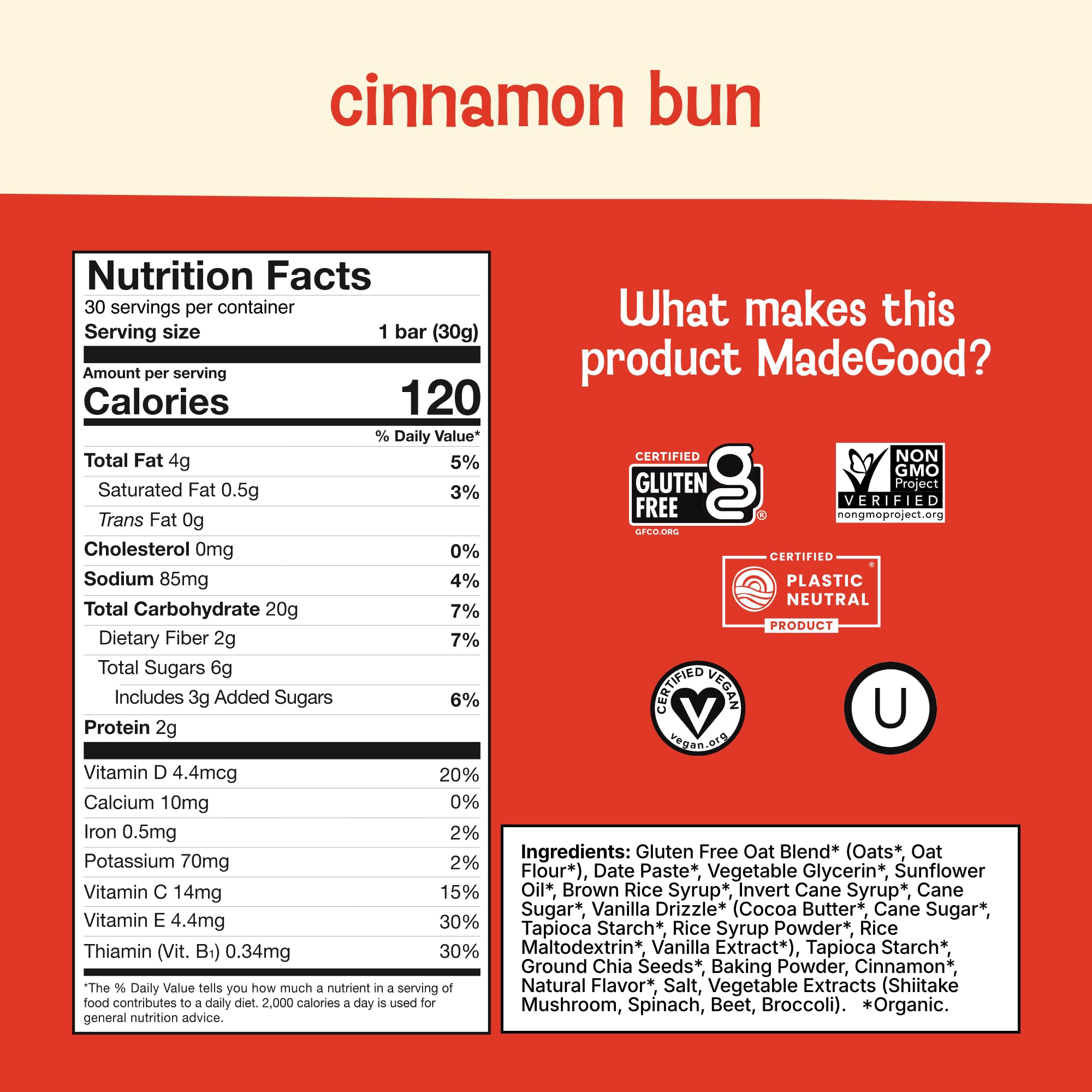 MadeGood etiqueta de certificaciones orgánico, sin gluten y vegan para confianza