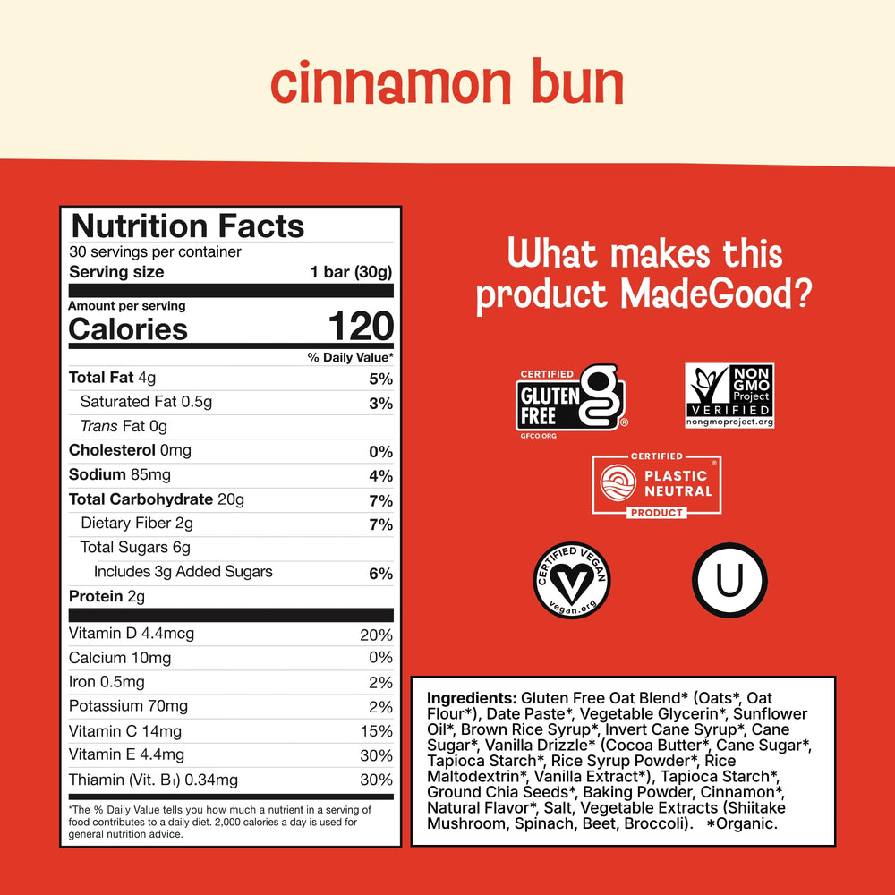 MadeGood etiqueta de certificaciones orgánico, sin gluten y vegan para confianza