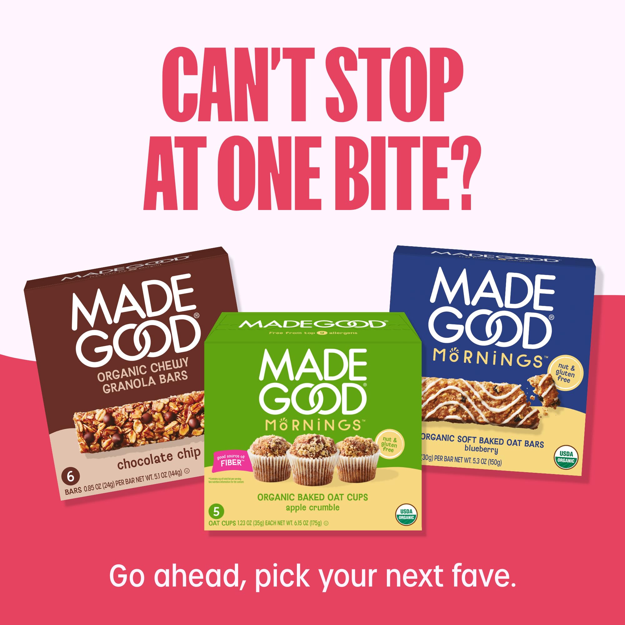 MadeGood etiqueta con certificaciones orgánicas y sin alérgenos